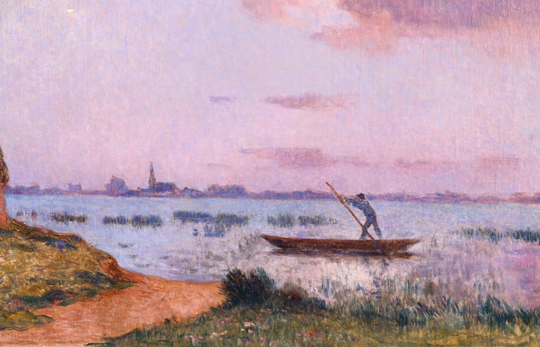 Crépuscule en Brière - Post Impressionist Oil, Seascape at Night - Du Puigaudeau For Sale 4