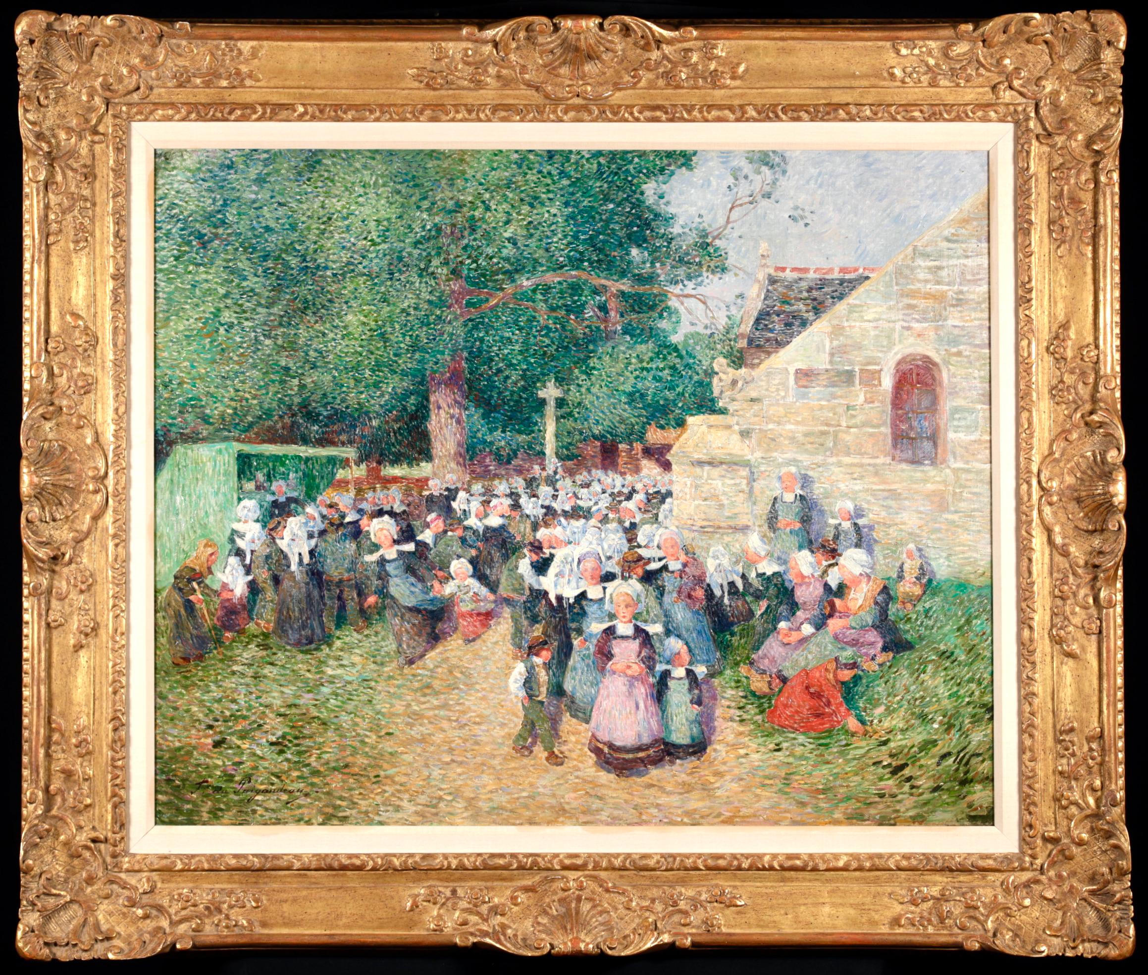 Stunning divisionist figures in landscape oil on canvas circa 1895 by sought after French post impressionist painter Ferdinand du Puigaudeau. The work depicts crowds of people - many of them children - in traditional outfits at the catholic Chapel