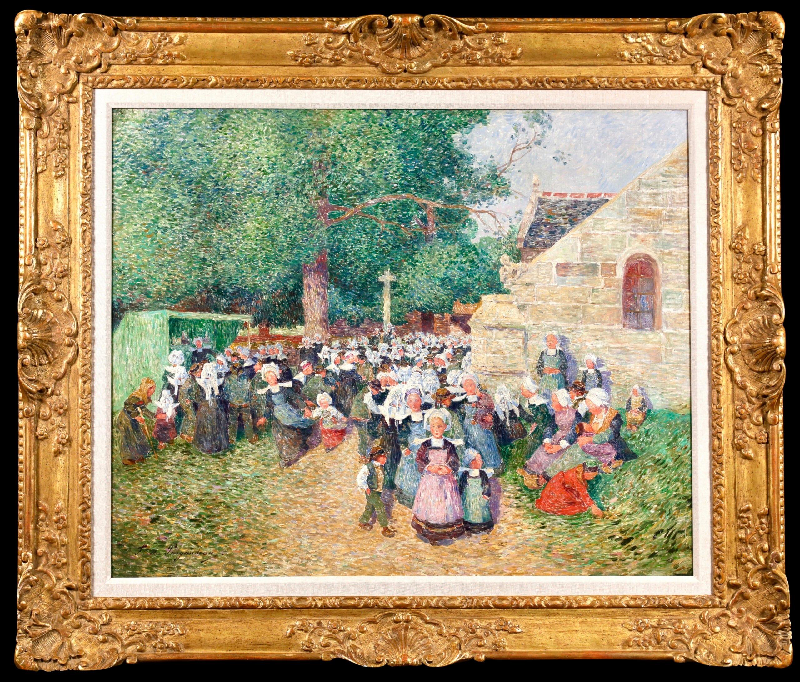 Óleo sobre lienzo figurativo postimpresionista firmado y fechado por el pintor francés Ferdinand du Puigaudeau. Esta bella y gran obra representa a decenas de feligreses vestidos con trajes tradicionales bretones a la salida de la capilla Notre Dame