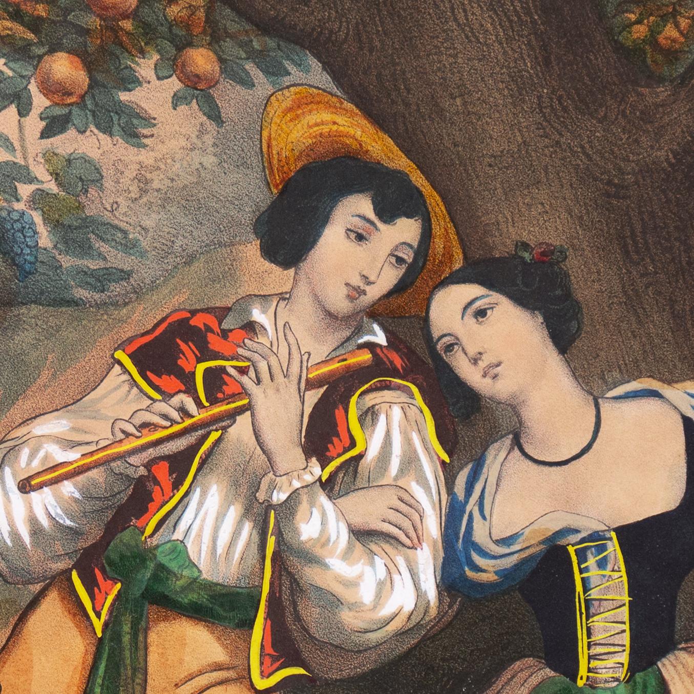 Lithographie du début du XXe siècle, coloriée à la main, représentant une scène idyllique de deux jeunes amoureux en costume médiéval assis dans une Bower rurale, sous des vignes fructifères et un pommier étalé. Un bel exemple de fraîcheur avec des