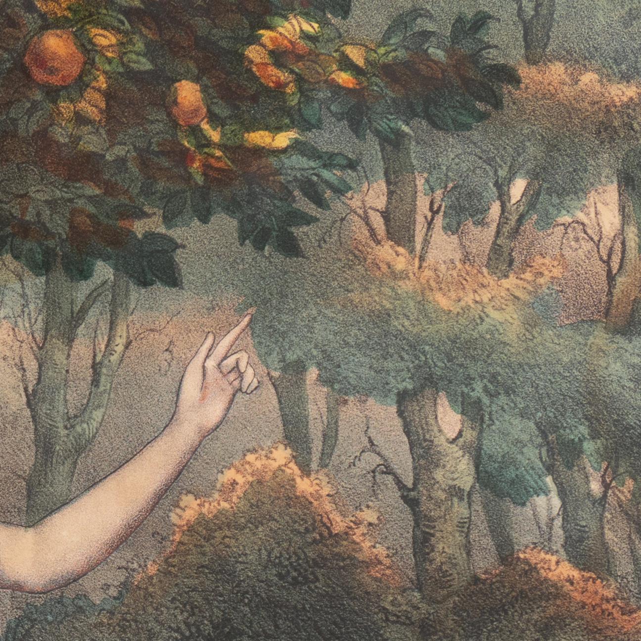 « Automne », lithographie colorée à la main, écoutant de la musique sous l'arbre en vente 1