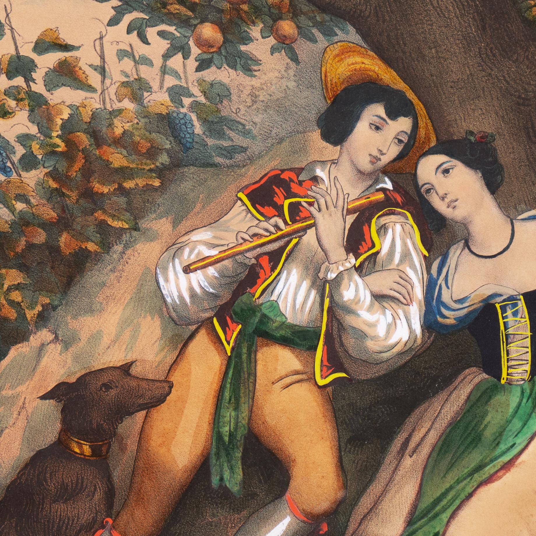 « Automne », lithographie colorée à la main, écoutant de la musique sous l'arbre en vente 4