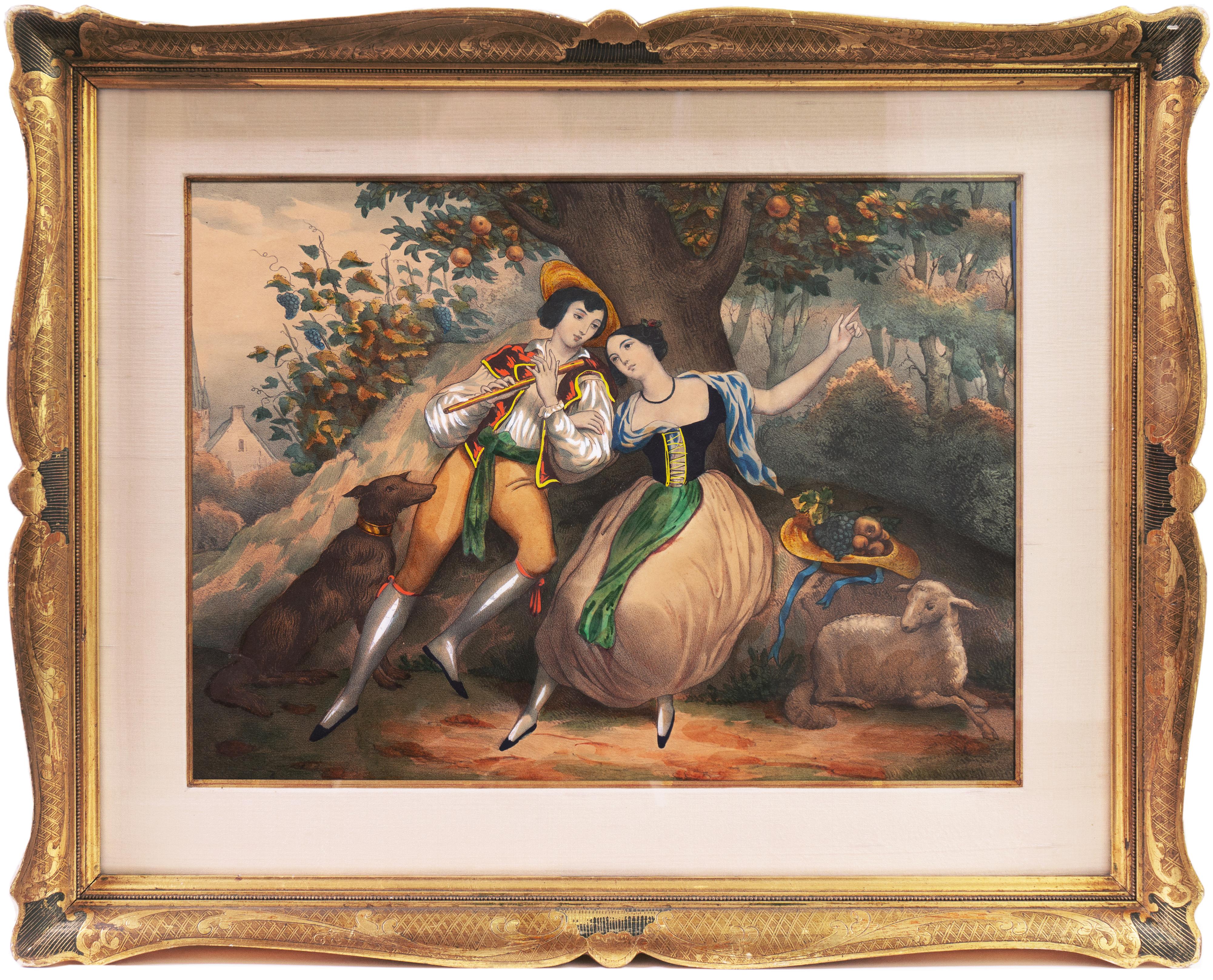 Animal Print Ferdinand Dubreuil - « Automne », lithographie colorée à la main, écoutant de la musique sous l'arbre