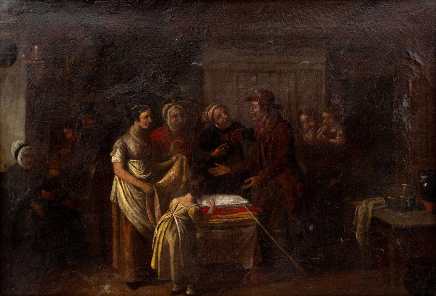 Interior Scene with Fabric Sellers - Painting by Ferdinand Fagerlin