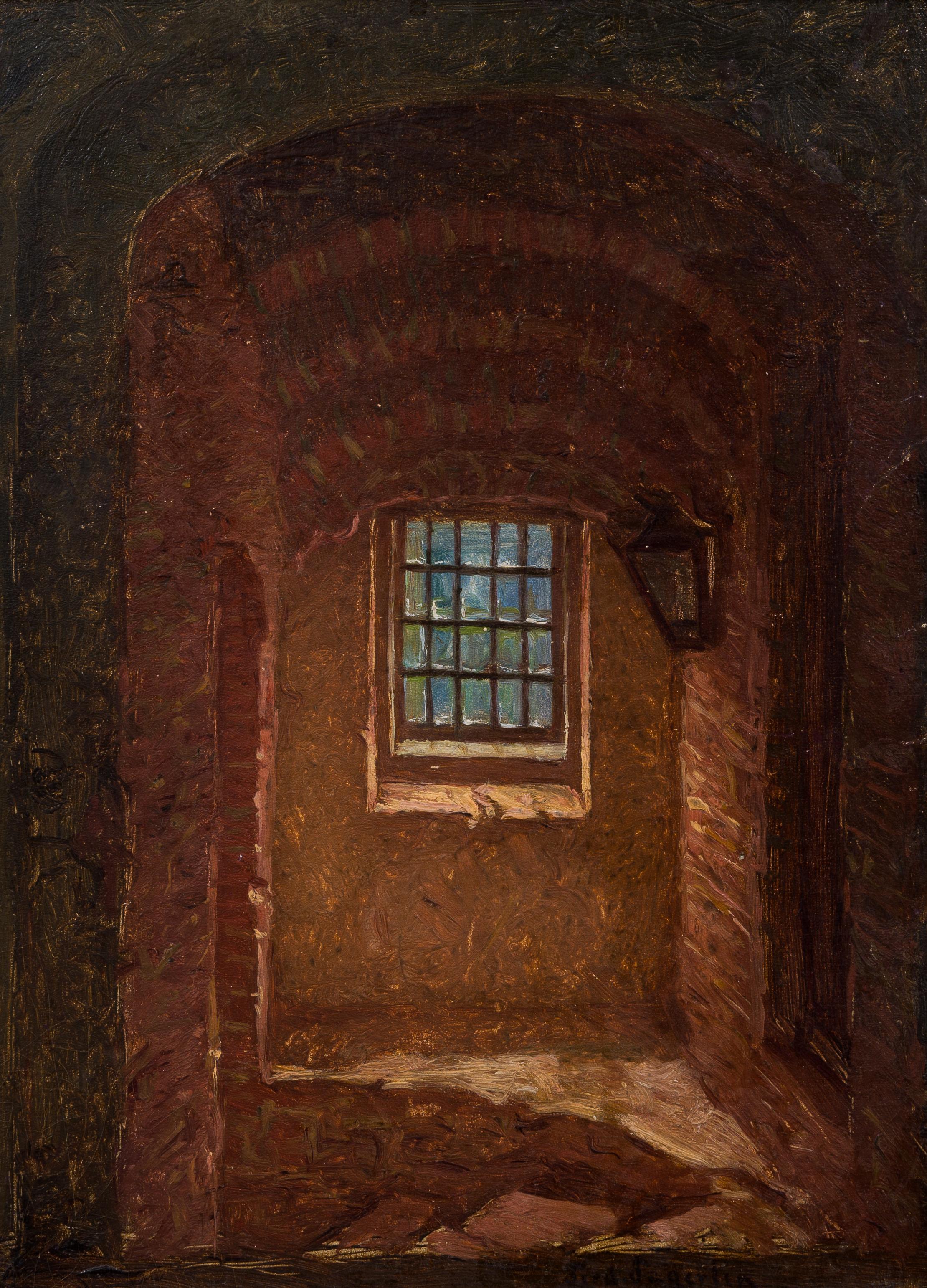 This oil painting called The Old Stone Stairway by Ferdinand Fagerlin offers an intimate glimpse into a quiet interior space, where the stillness of the scene is punctuated by the soft daylight filtering through a window. Measuring a modest 24 x 18