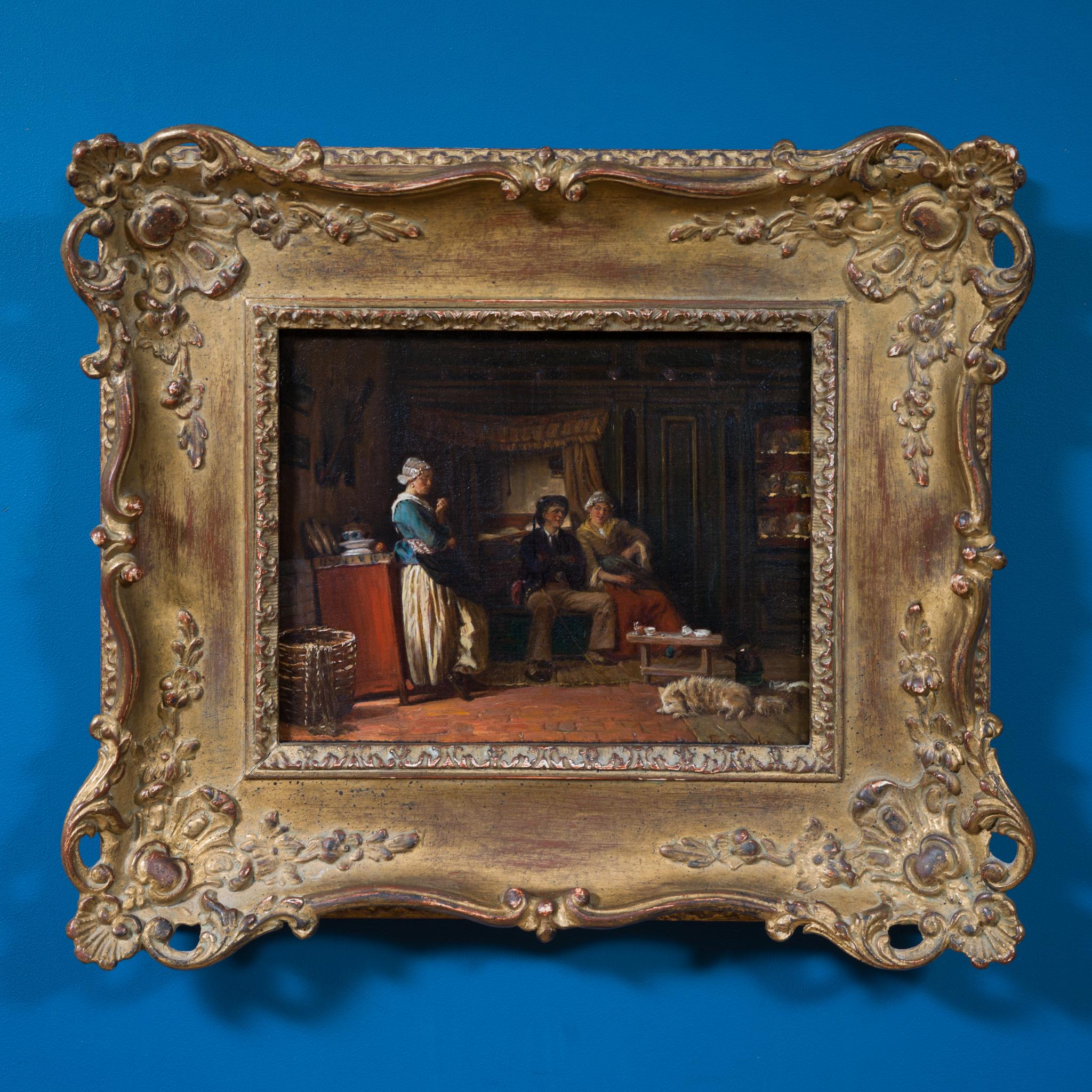 Dieses kleine, intime Ölgemälde Wishing It Were She ist eine vorbereitende Studie für eine größere Komposition mit demselben Titel. Die Szene zeigt drei Figuren in einem reich ausgestatteten Interieur des 19. Jahrhunderts: eine junge Frau steht an