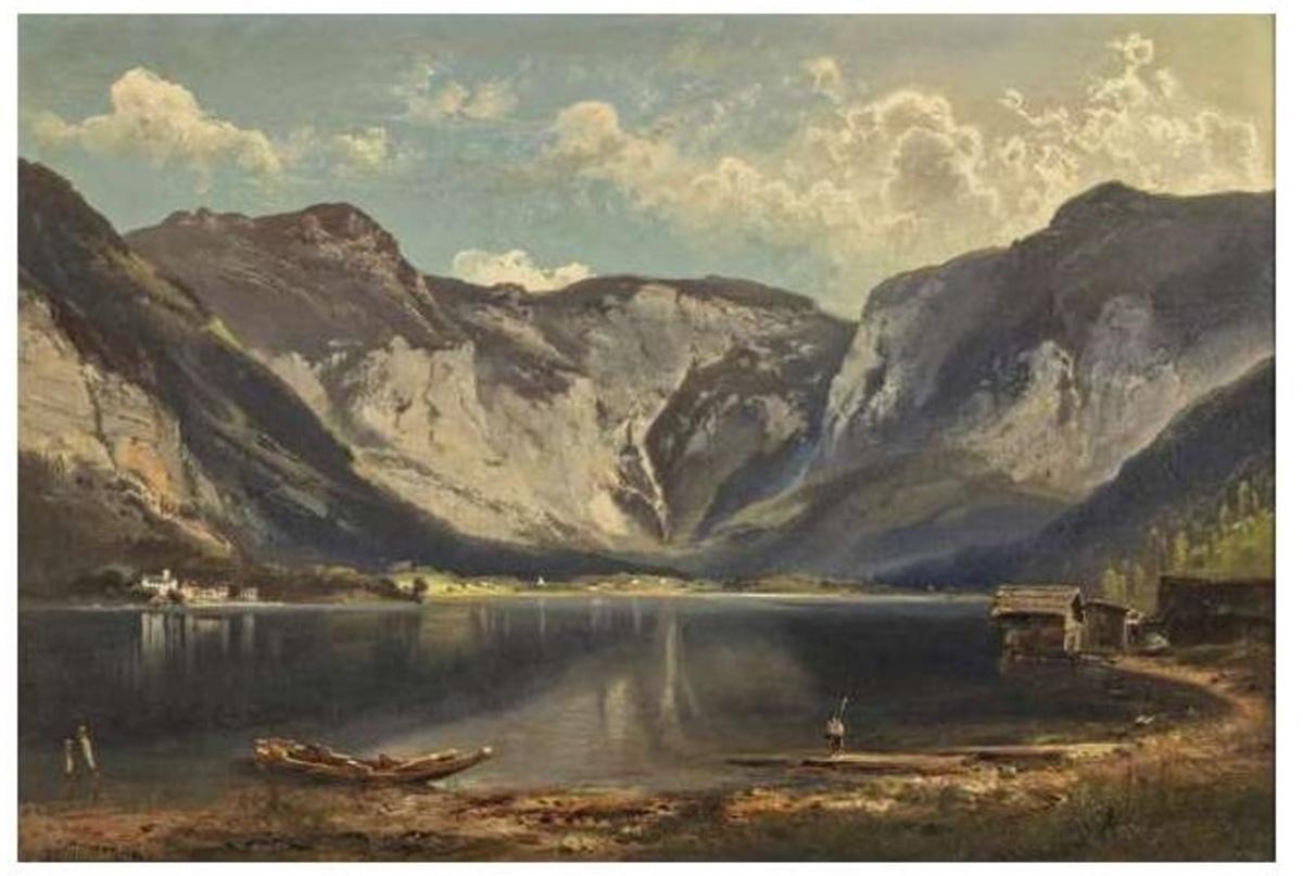 Feldhütter Ferdinand (1842-1898)+ View of Hallstatt and Lake Hallstatt - Painting by Ferdinand Feldhütter
