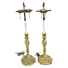 Ferdinand Gervais Pair Of Dore` Bronze Candle Sticks Mounted As Lamps