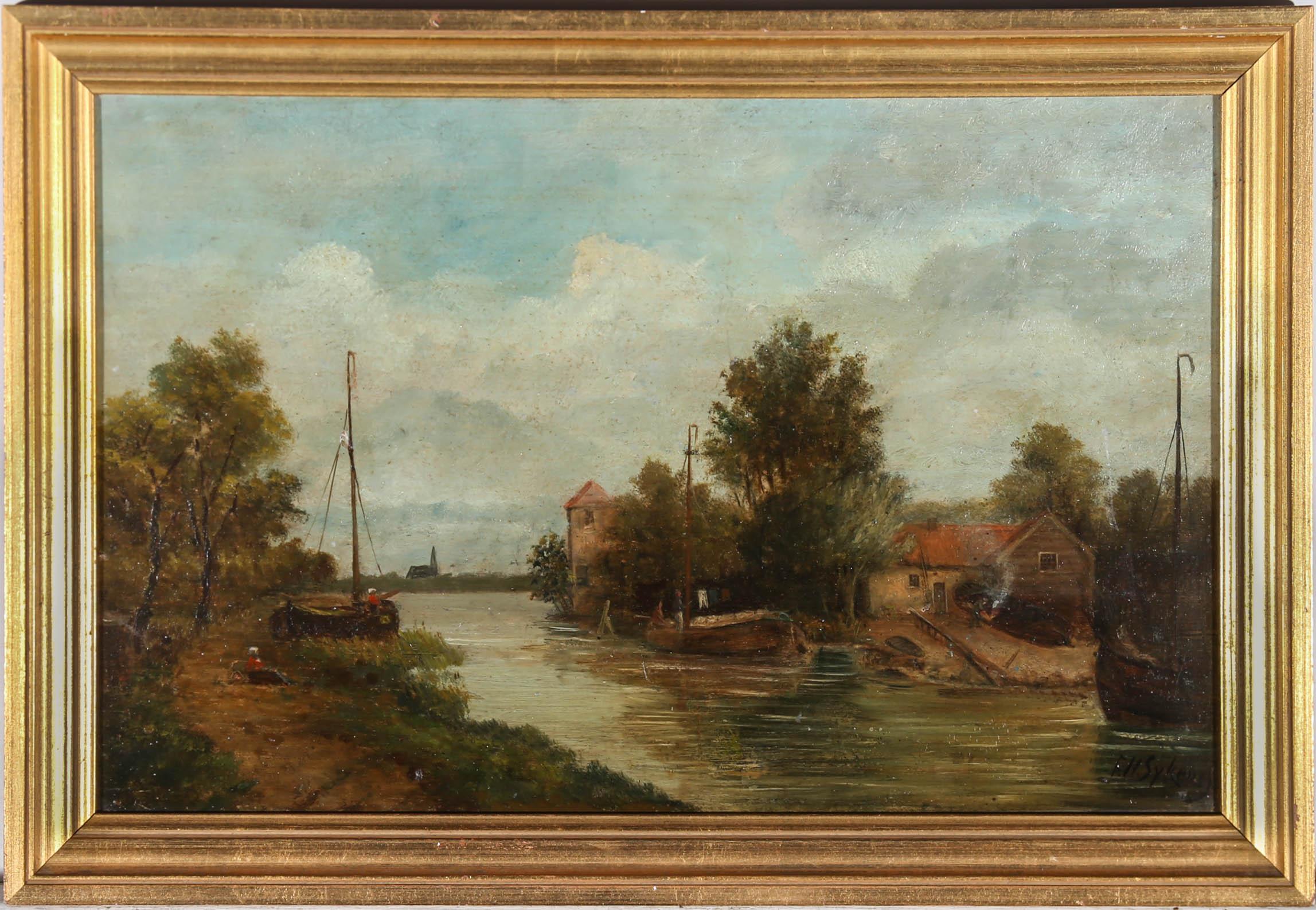 A charming riverscape, painted in oils by dutch artist Ferdinand Hendrik Sypkens (1813-1860). A gentle river sweeps through the centre of the composition, with moored boats manned on either side. To the right a boathouse sits, nestled amongst trees,