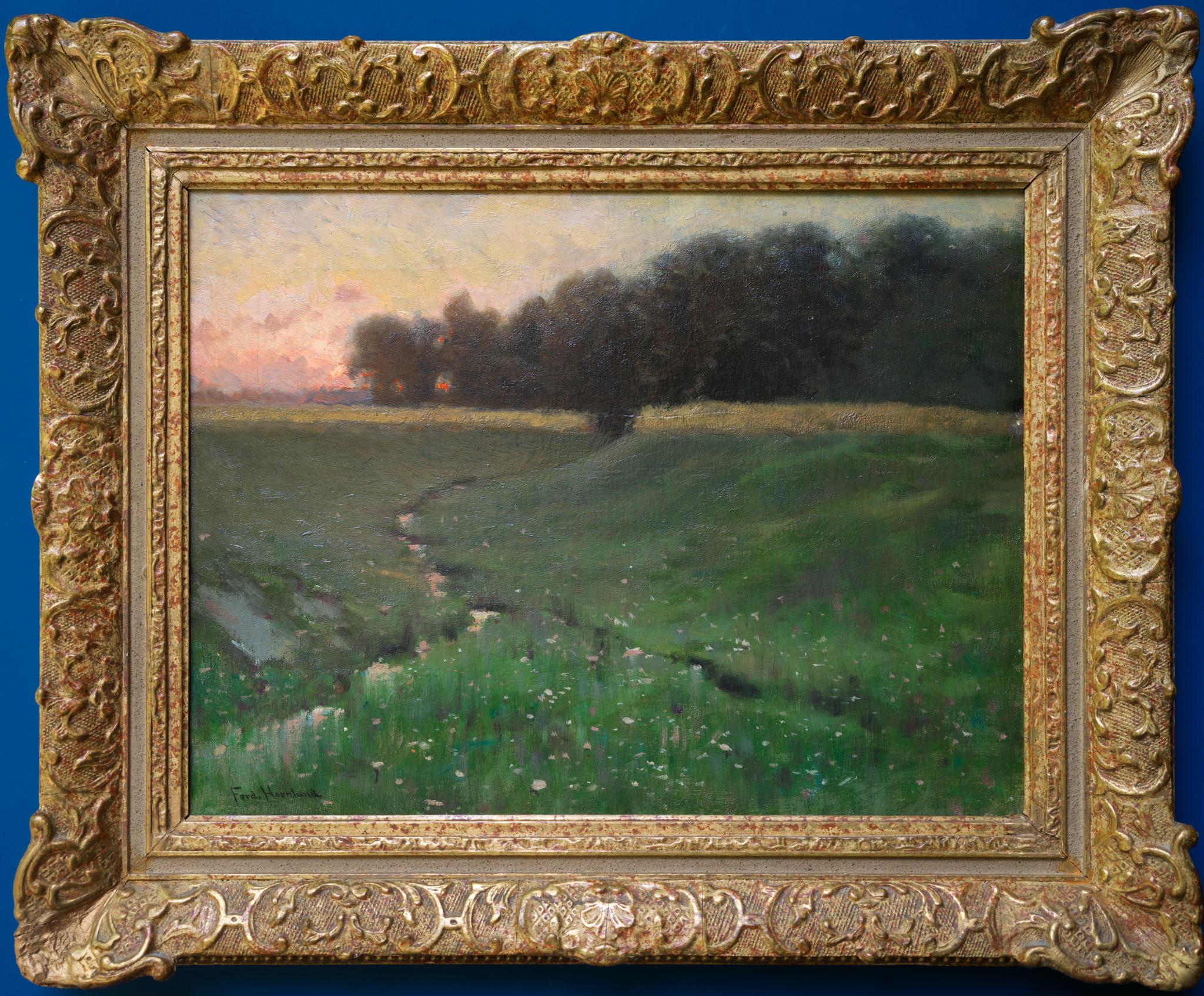 Tramonto su un prato, dipinto a olio su tela, fine 1800 - Painting di Ferdinand Hernlund