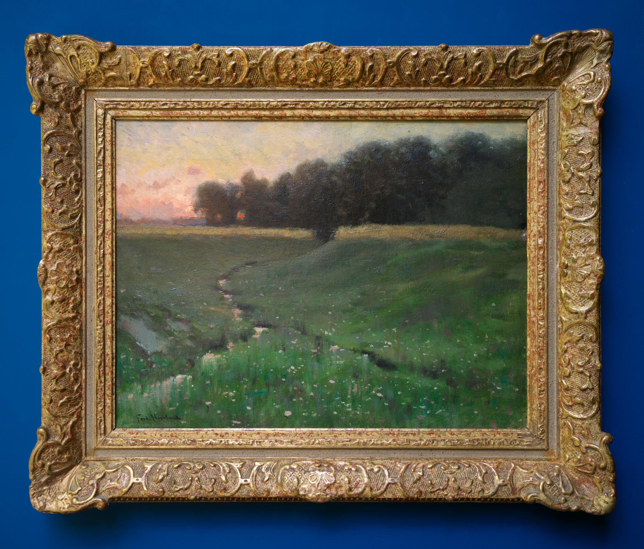 Tramonto su un prato, dipinto a olio su tela, fine 1800 - Painting Postimpressionismo di Ferdinand Hernlund