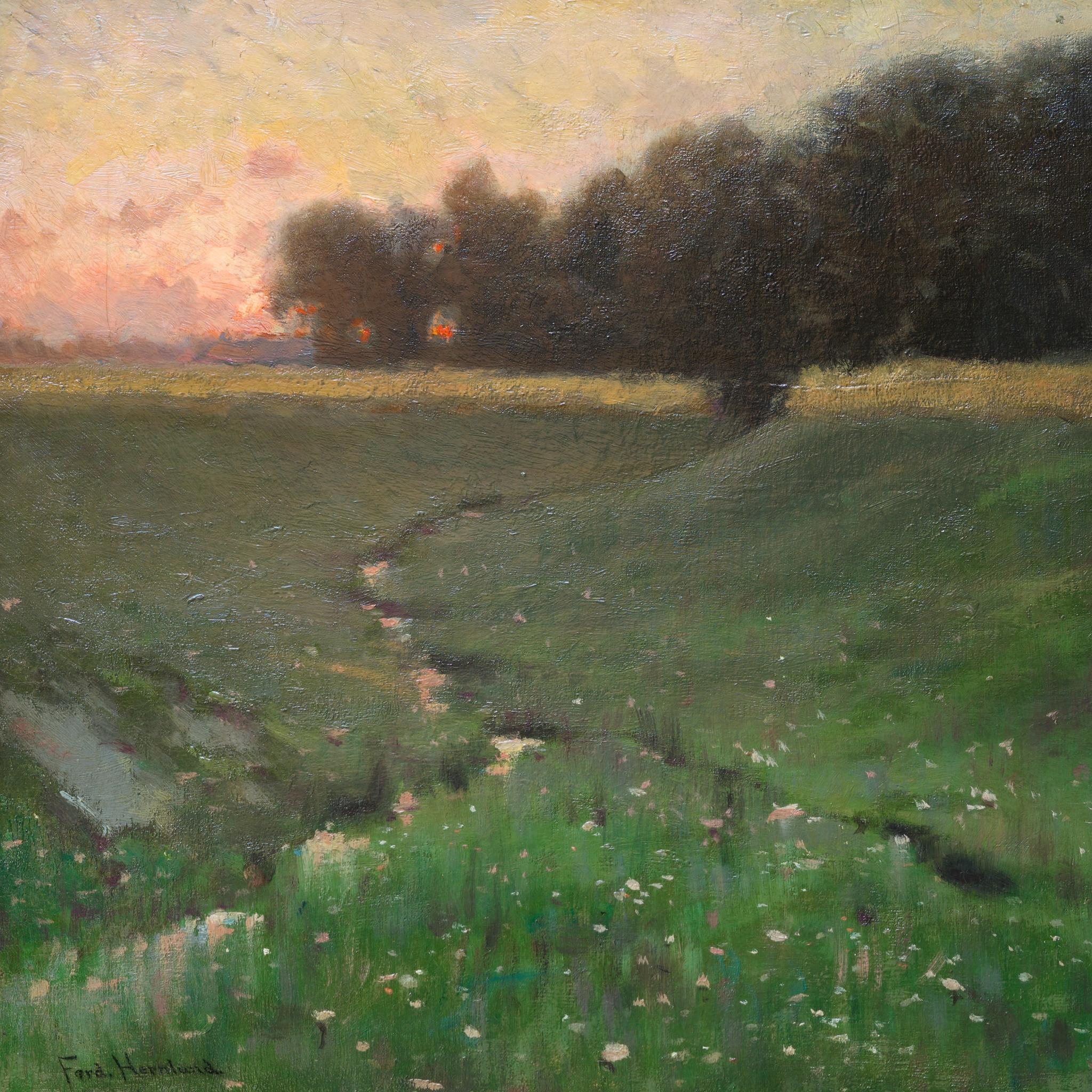 Siamo lieti di presentare uno squisito dipinto dell'artista svedese Ferdinand Hernlund, che raffigura un sereno tramonto su un rigoglioso prato fiorito. Quest'opera accattivante è la quintessenza della maestria di Hernlund nel catturare la bellezza