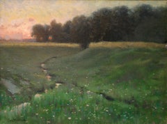 Sunset Over a Meadow, Oil Painting on Canvas, Late 1800s
