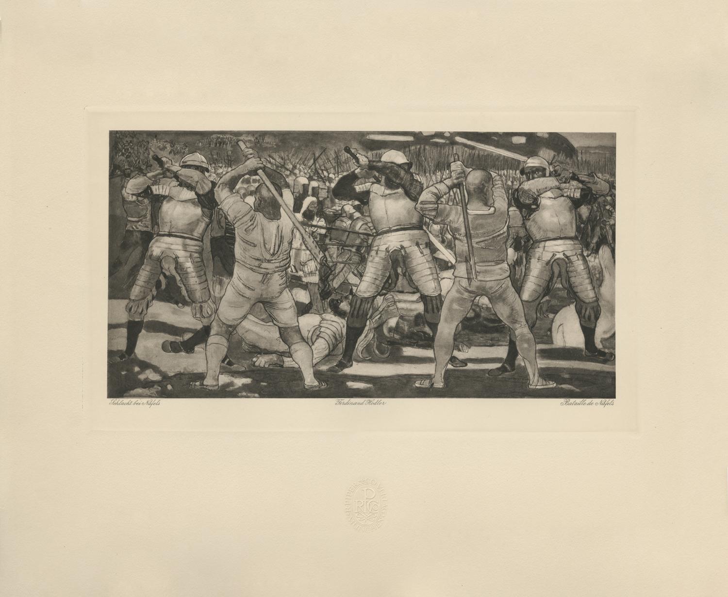 Ferdinand Hodler & R. Piper & Co. Figurative Print – Heliogravur „Battle at Nafels“ aus Kupferblech