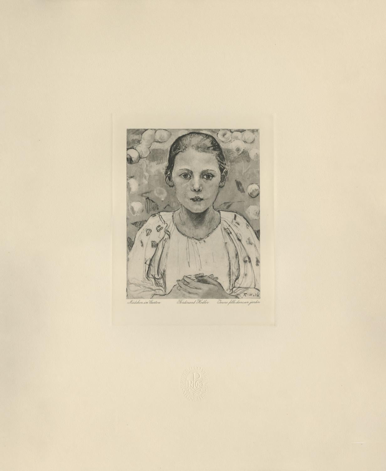 Ferdinand Hodler & R. Piper & Co. Figurative Print – „“Mädchen im Garten“ Kupferplatte Heliogravur