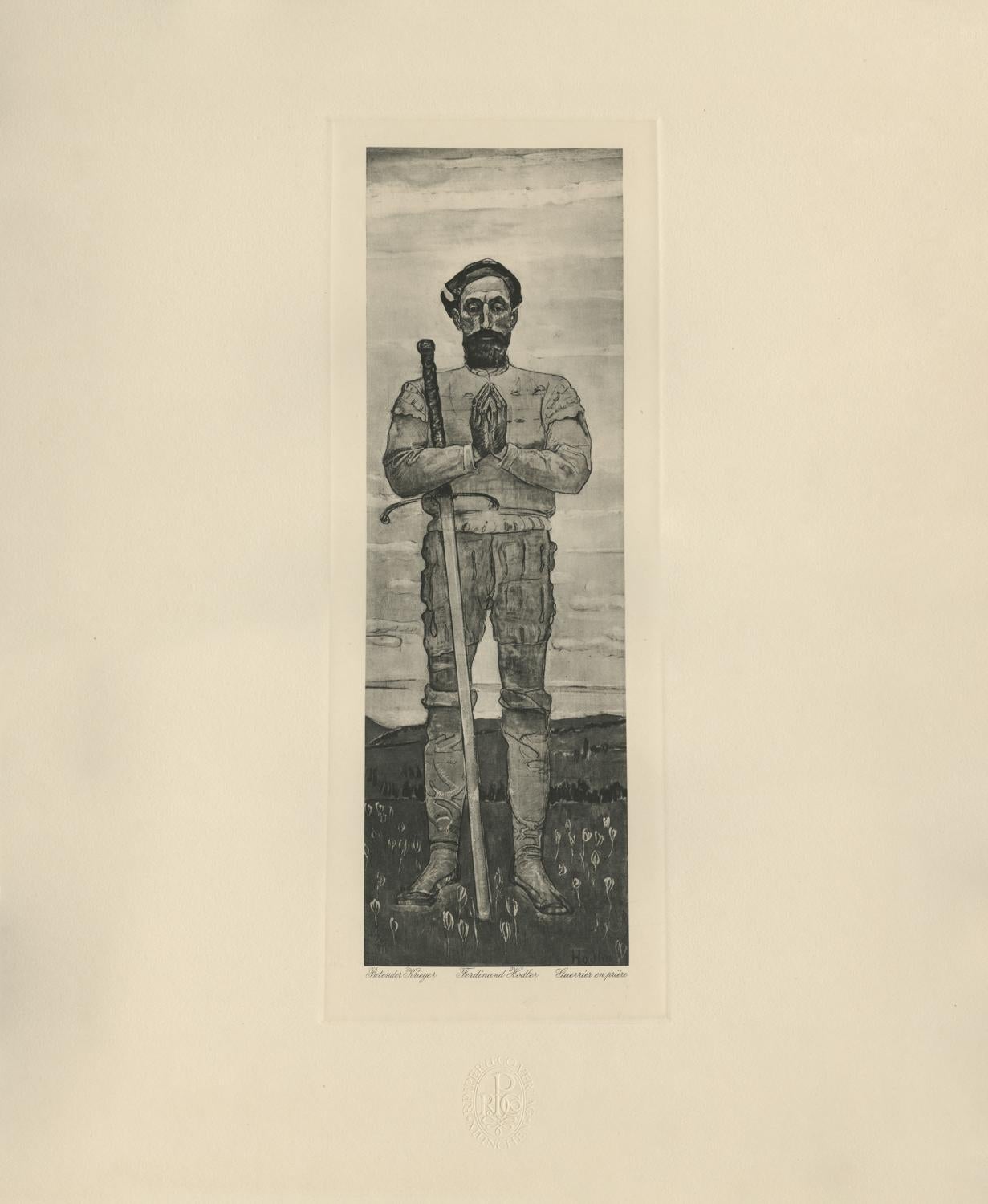 Ferdinand Hodler & R. Piper & Co. Figurative Print - "Praying Warrior" Copper Plate Heliogravure