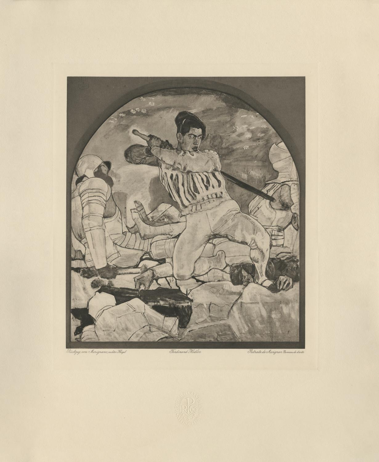 Ferdinand Hodler & R. Piper & Co. Figurative Print – Set von 3 Kupferdrucken, „Retreat from Marignano“