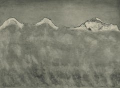 « Trois sommets de montagne émergeant du brouillard » - Heliogravure en plaque de cuivre