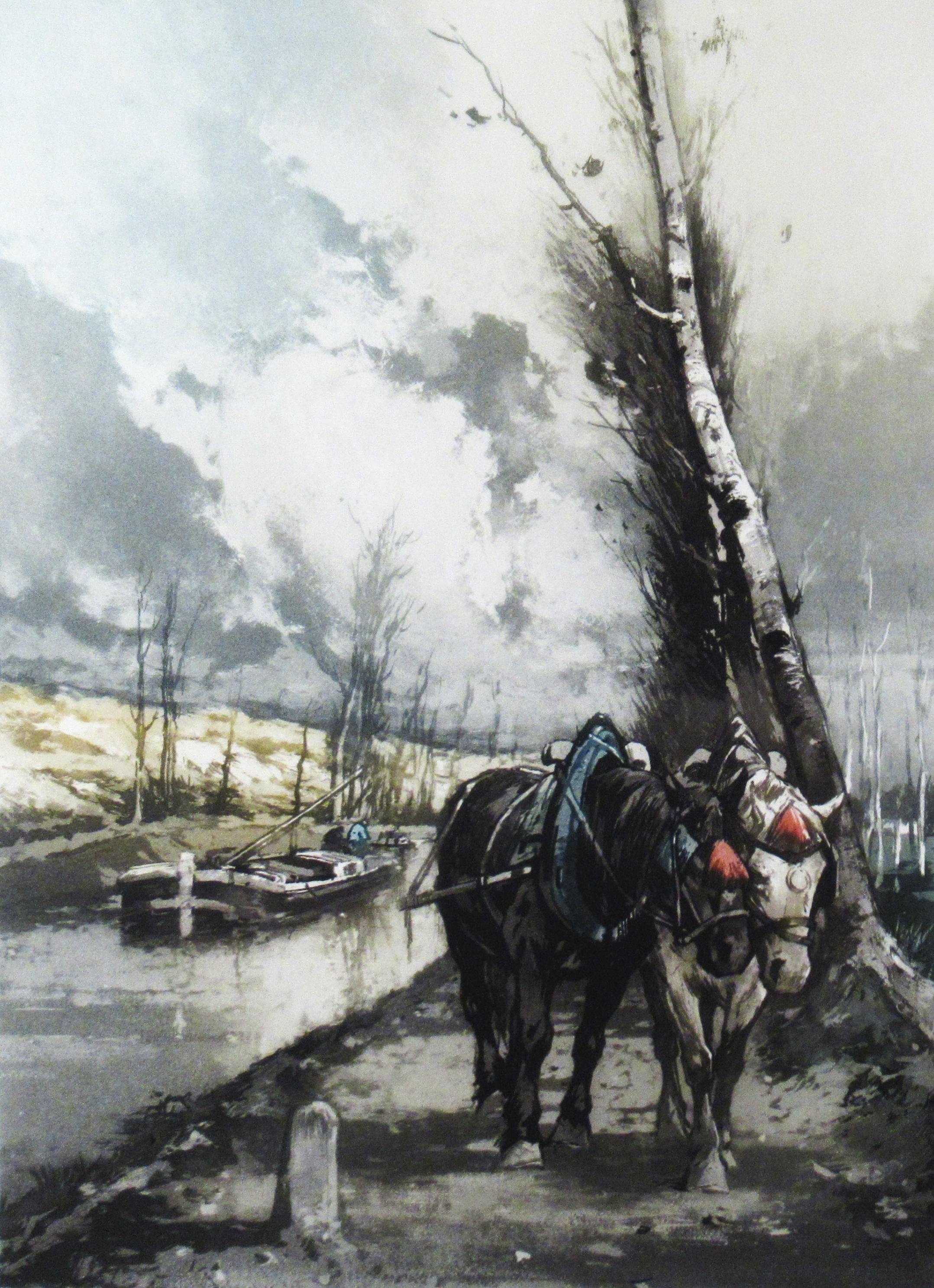 Cheveaux Tirant une Peniche (Horses tirant une barge) - Print de Ferdinand Jean Luigini