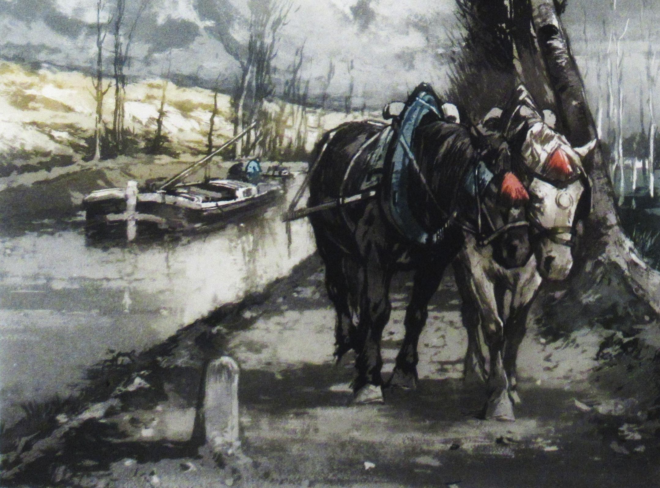 Cheveaux Tirant une Peniche (Horses tirant une barge) - Impressionnisme Print par Ferdinand Jean Luigini