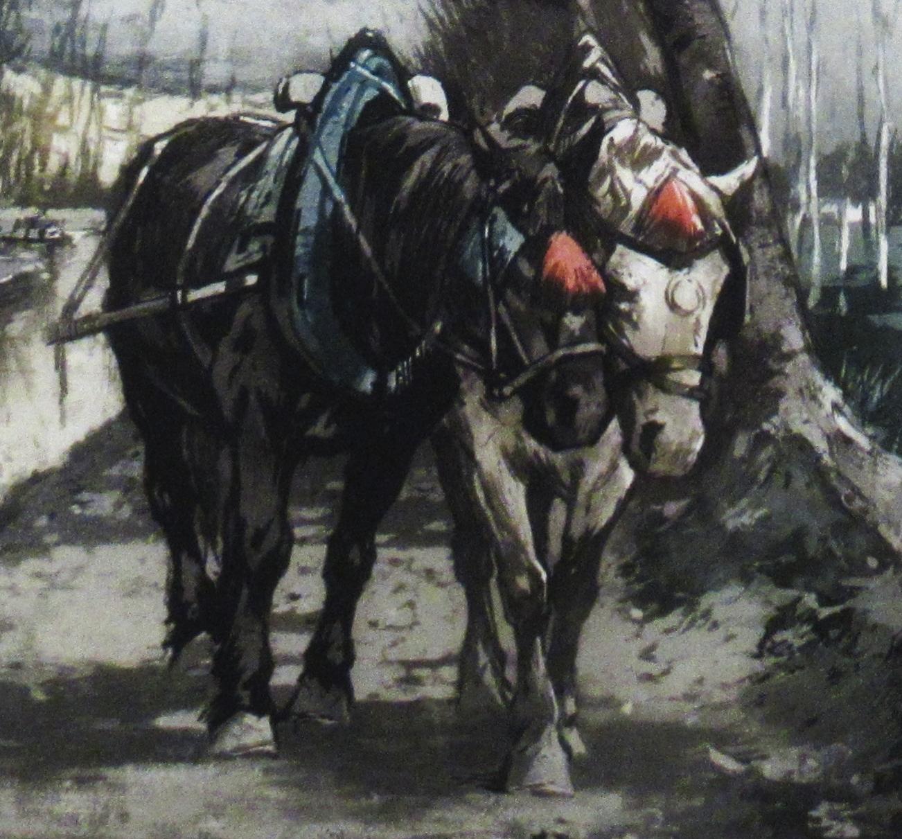 Cheveaux Tirant une Peniche (Horse, die eine Barge ziehen) (Grau), Animal Print, von Ferdinand Jean Luigini