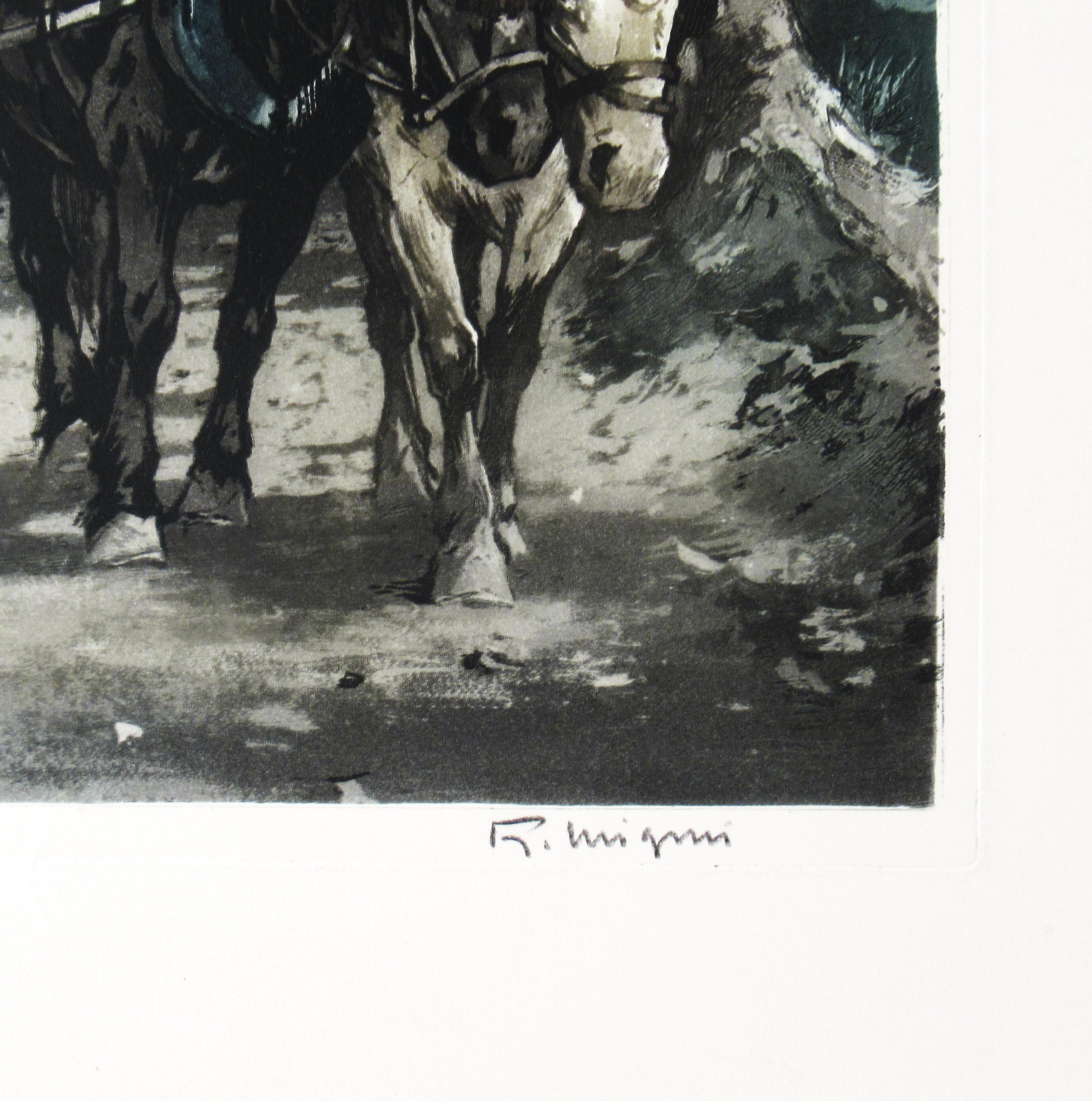 Cheveaux Tirant une Peniche (Horses pulling a Barge) - Gray Animal Print by Ferdinand Jean Luigini