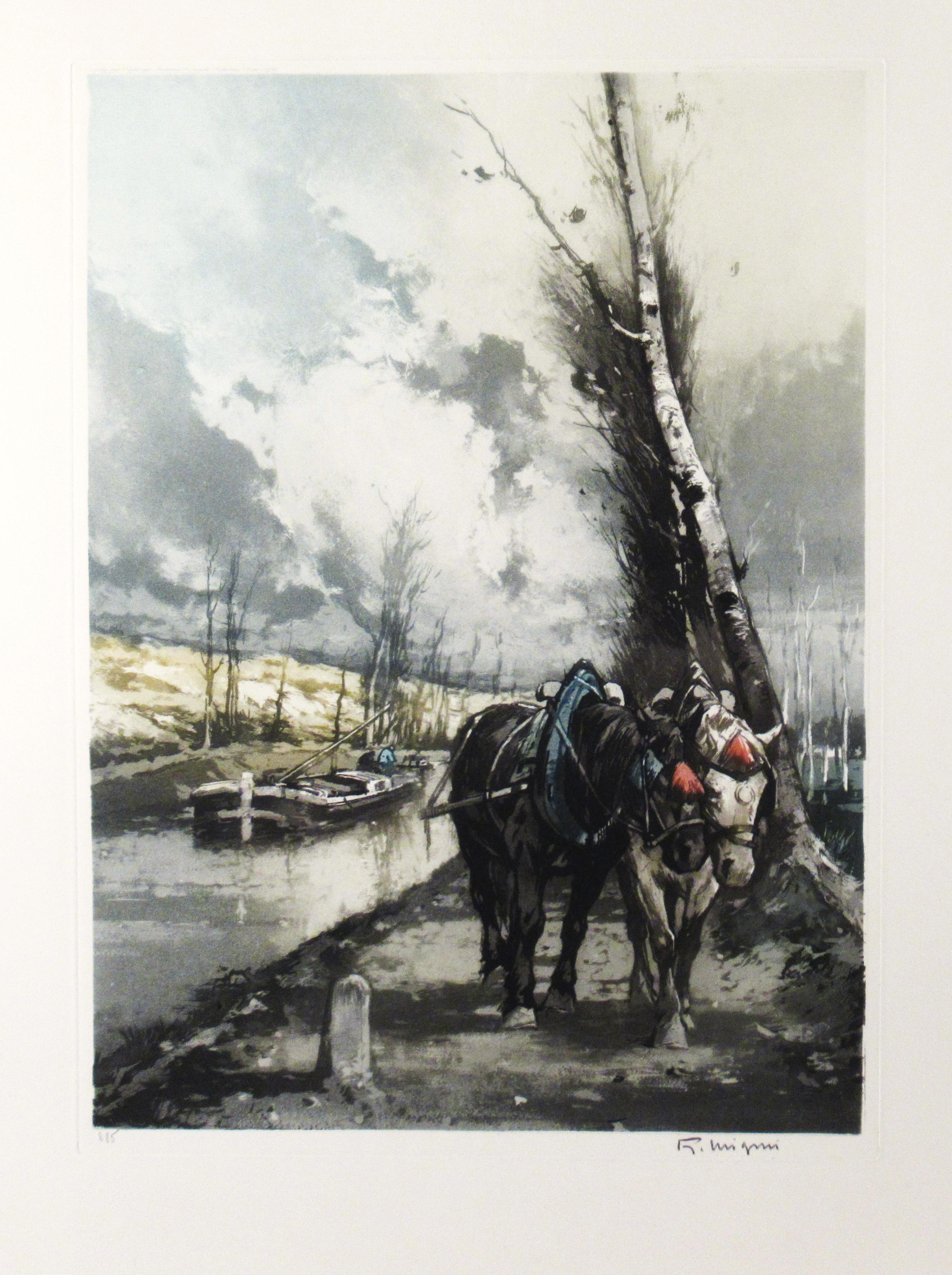 Ferdinand Jean Luigini Animal Print – Cheveaux Tirant une Peniche (Horse, die eine Barge ziehen)