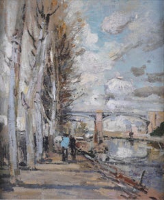 Antikes Öl auf Leinwand 'Figuren am Fluss' Gemälde