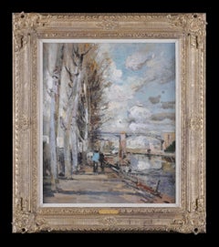 Ferdinand-Jean Luigini - Pathway Beside a River, Impressionist Painting, Oil on Canvas, Framed Pathway Beside a River, Impressionist Painting, Oil on Canvas, Framed