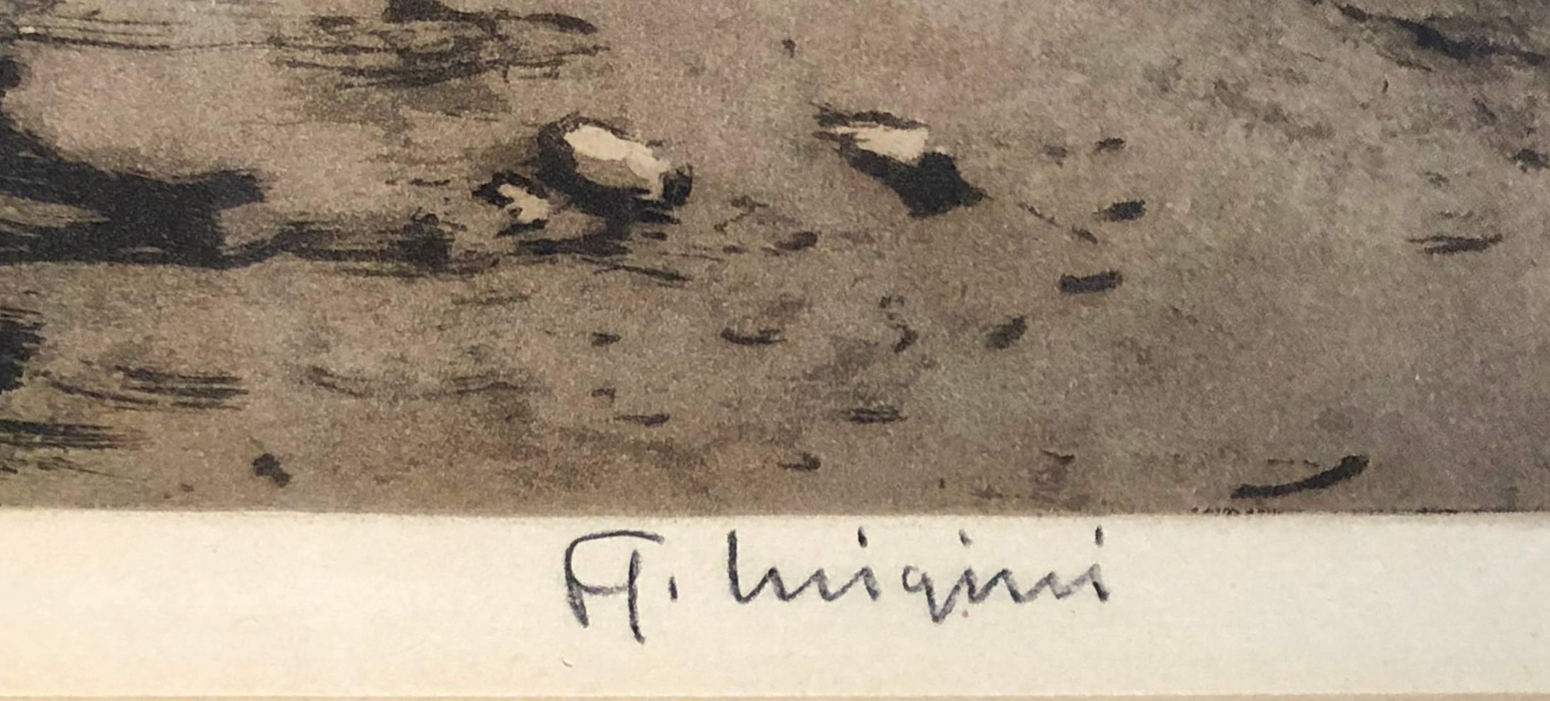 Aquating over etching on hand made paper. 
The name of Luigini has a firm grasp on French artistic life. Ferdinand's father, Alexandre Luigini (1850-1906), was a leading composer of ballets and operas. His sister was a concert harpist and his