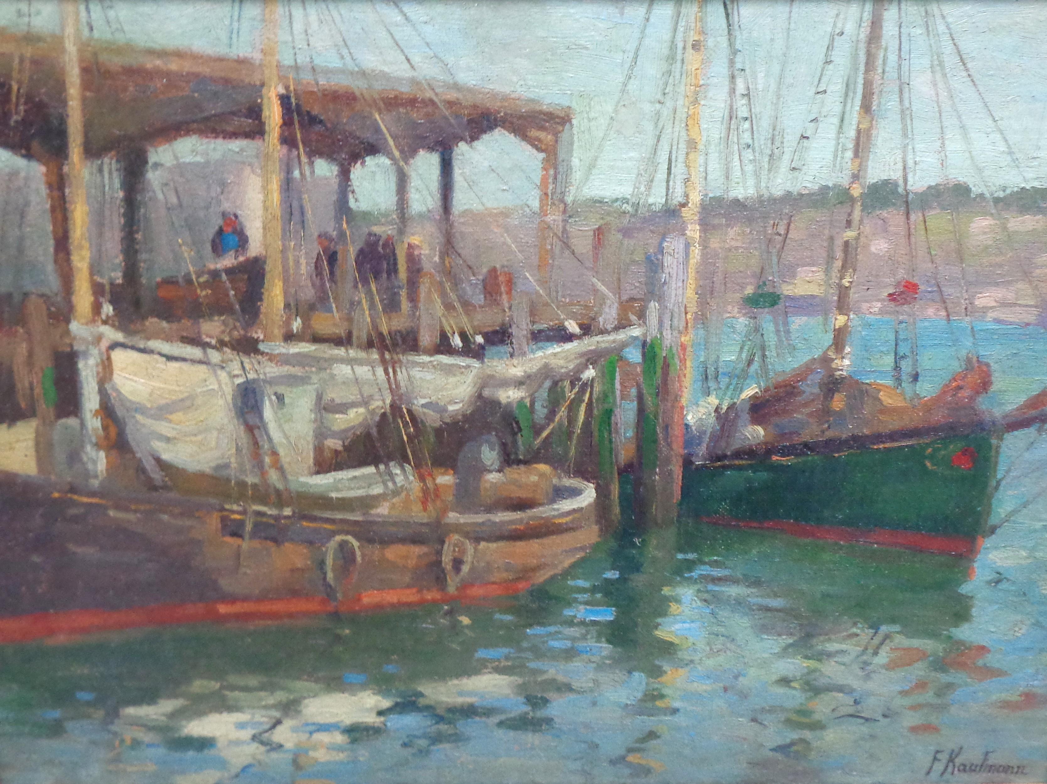 California Impressionist Ferdinand Kaufmann Oil Painting Harbor w Boats Marine For Sale 1
