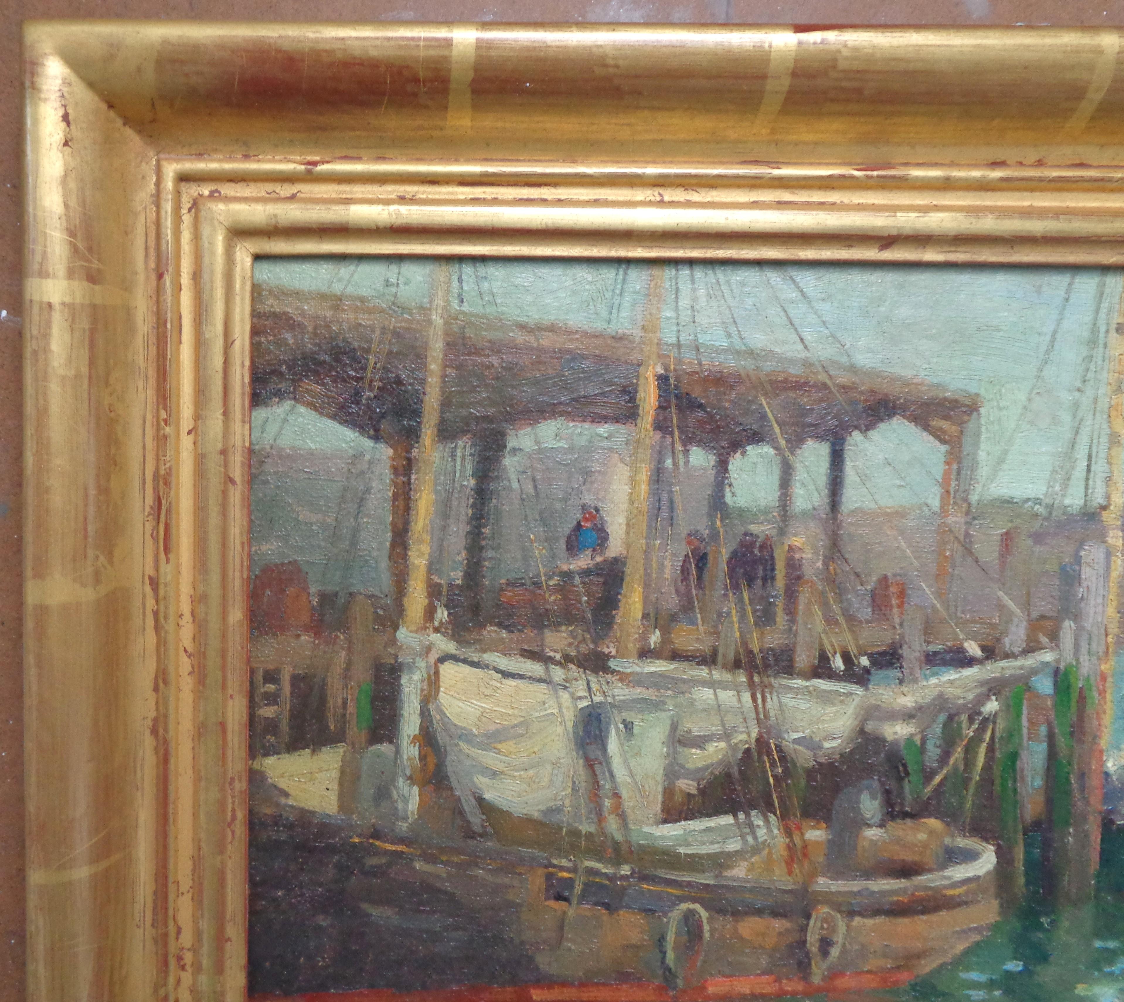 California Impressionist Ferdinand Kaufmann Oil Painting Harbor w Boats Marine For Sale 2