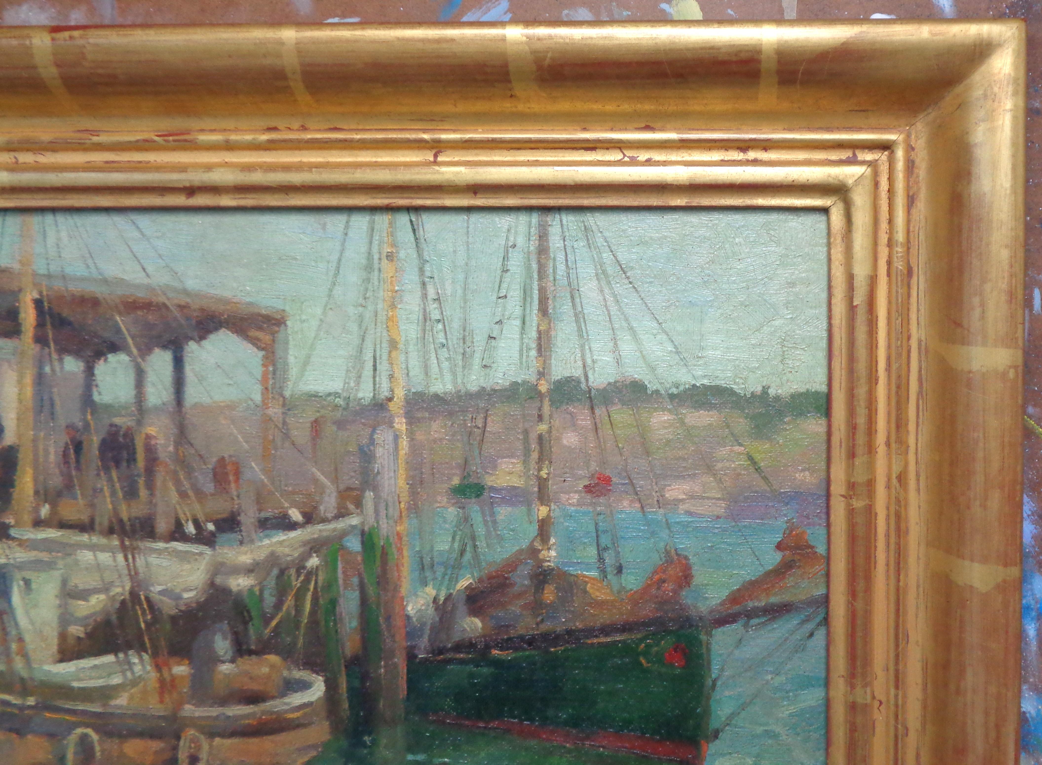 California Impressionist Ferdinand Kaufmann Oil Painting Harbor w Boats Marine For Sale 3