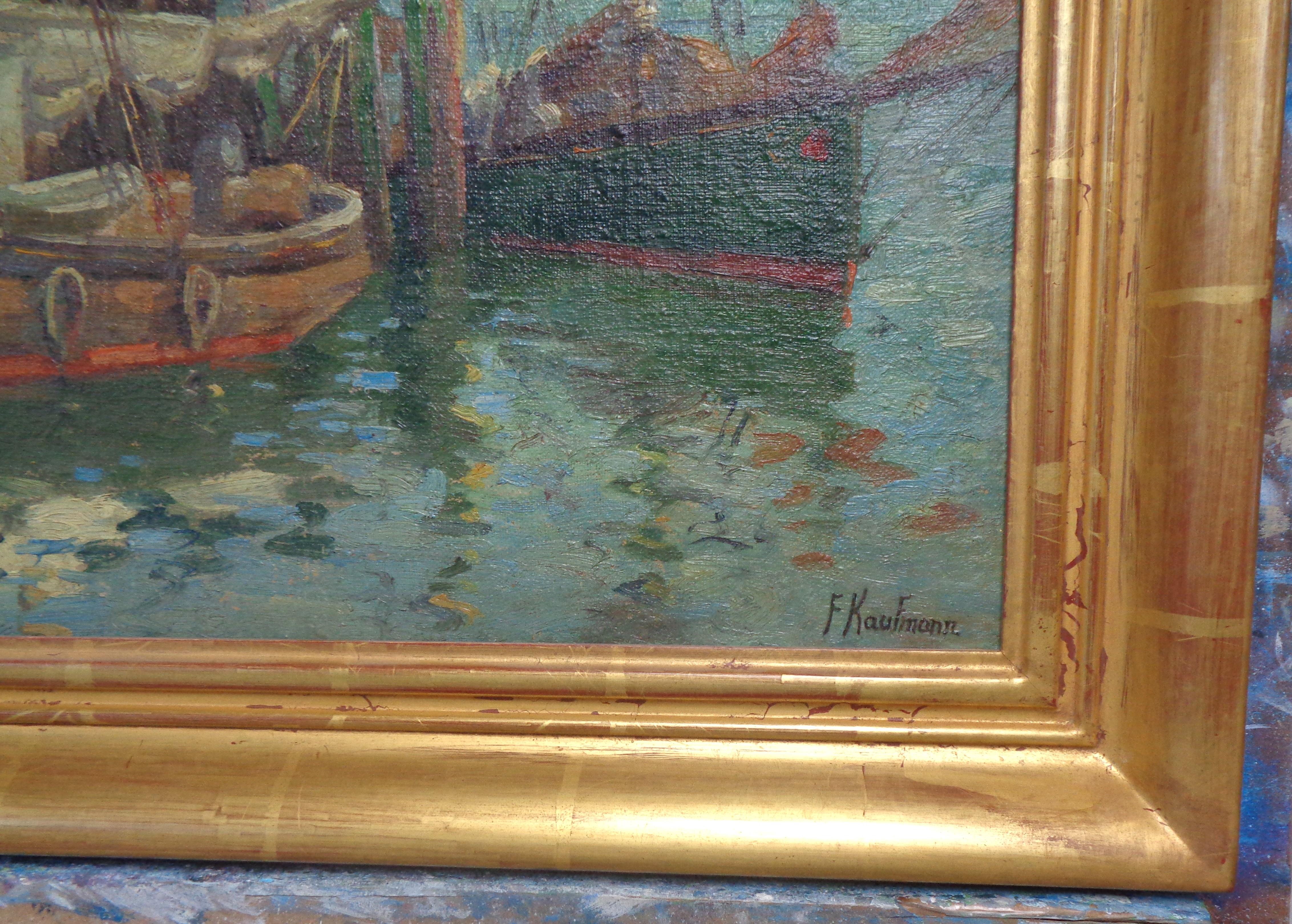California Impressionist Ferdinand Kaufmann Oil Painting Harbor w Boats Marine For Sale 4