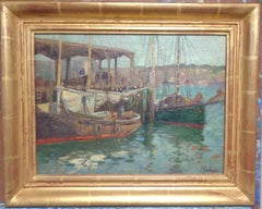 Pittura ad olio dell'impressionista californiano Ferdinand Kaufmann Porto con barche Marin