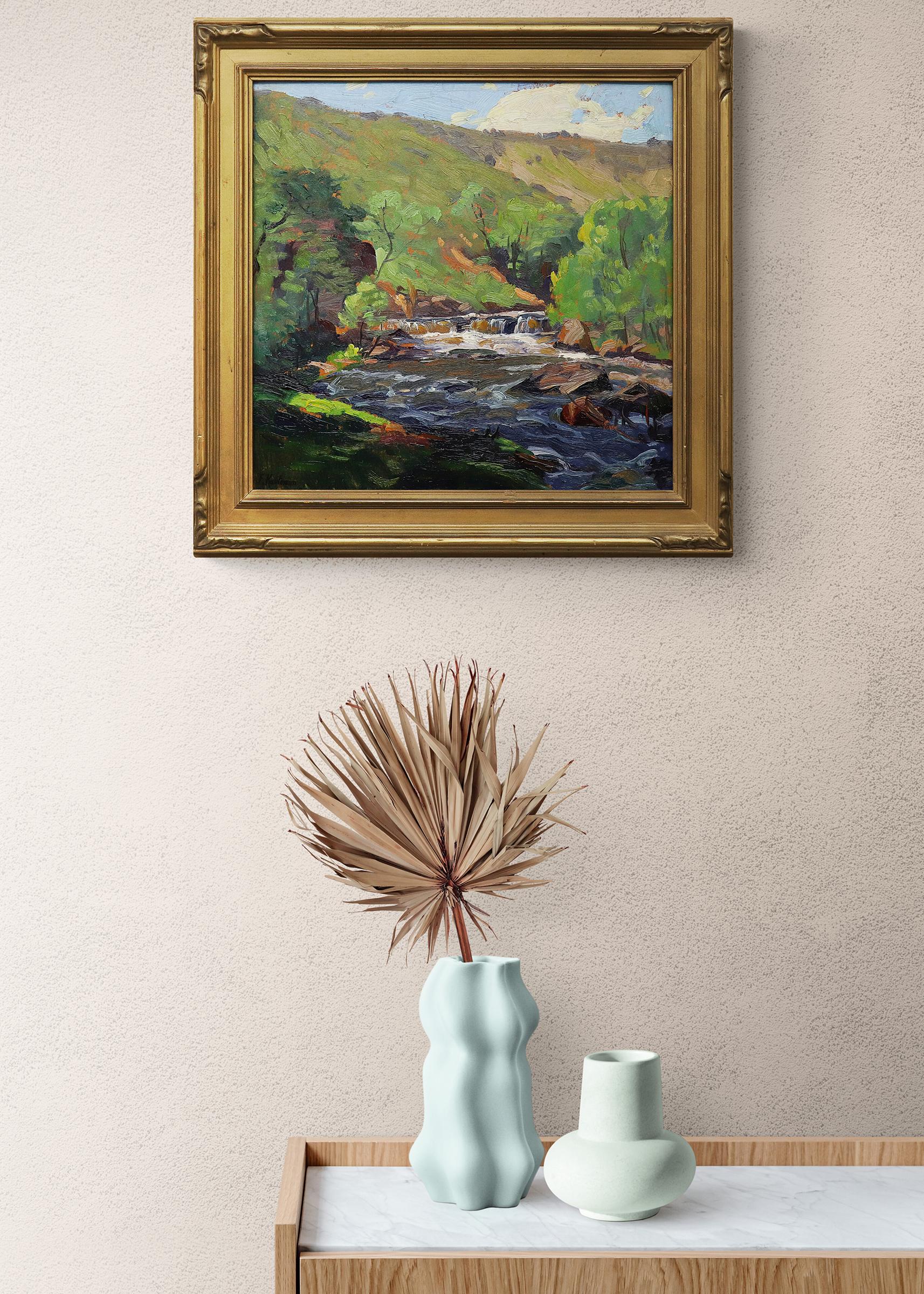 1920s-30s Pintura al óleo impresionista de paisaje de montaña con río a lo largo del cañón en venta 8