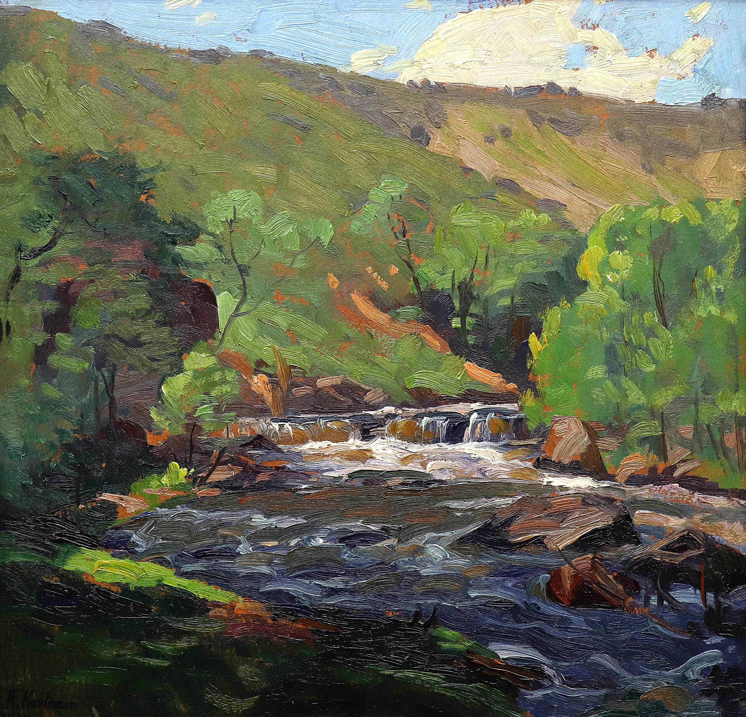 Peinture impressionniste d'un paysage de montagne avec rivière, années 1920-1930, Greene & Greene Brown - Modernisme américain Painting par Ferdinand Kaufmann 