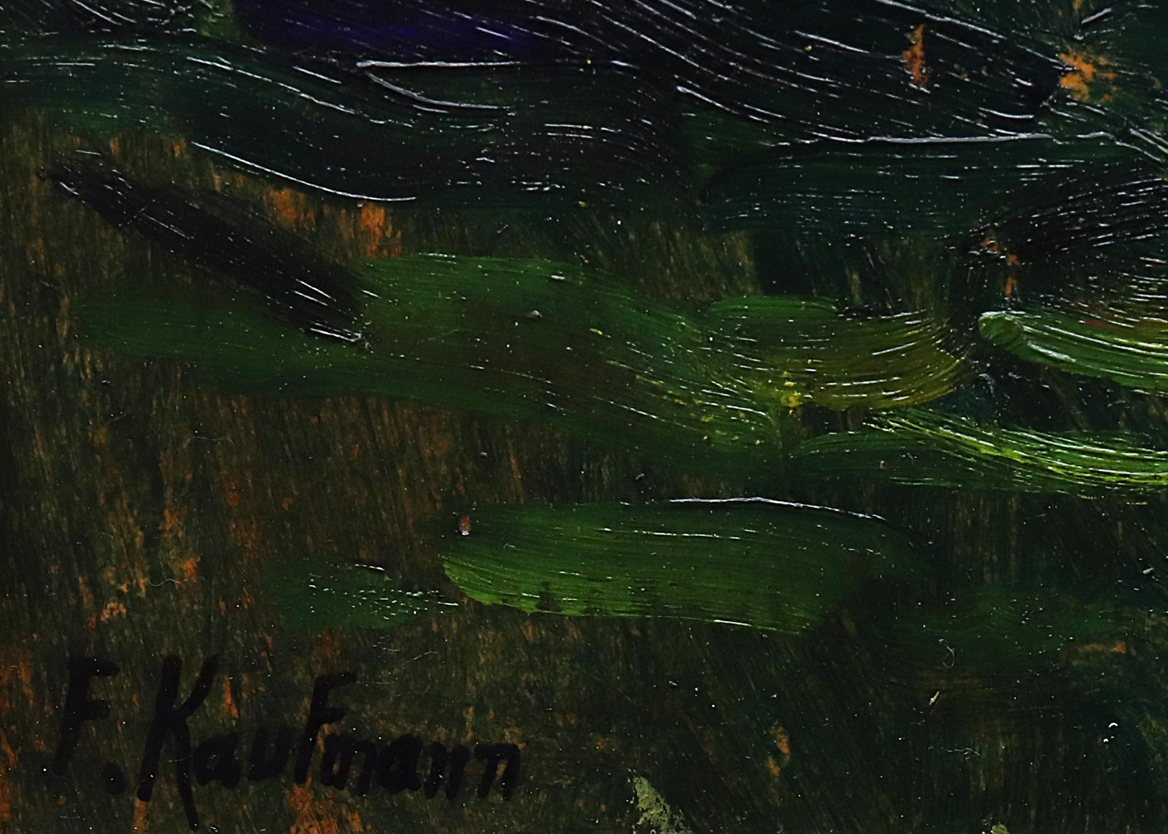 Huile sur toile de Ferdinand Kaufmann. Signé par l'artiste dans le coin inférieur gauche.  Peinture de paysage de montagne, probablement du Colorado ou de la Californie 
 en été, avec une rivière qui coule dans un canyon entouré d'arbres et de