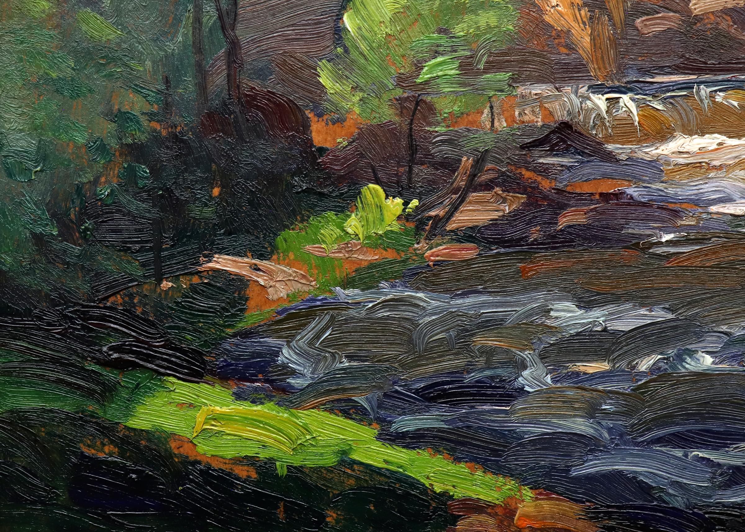 Peinture impressionniste d'un paysage de montagne avec rivière, années 1920-1930, Greene & Greene Brown en vente 1