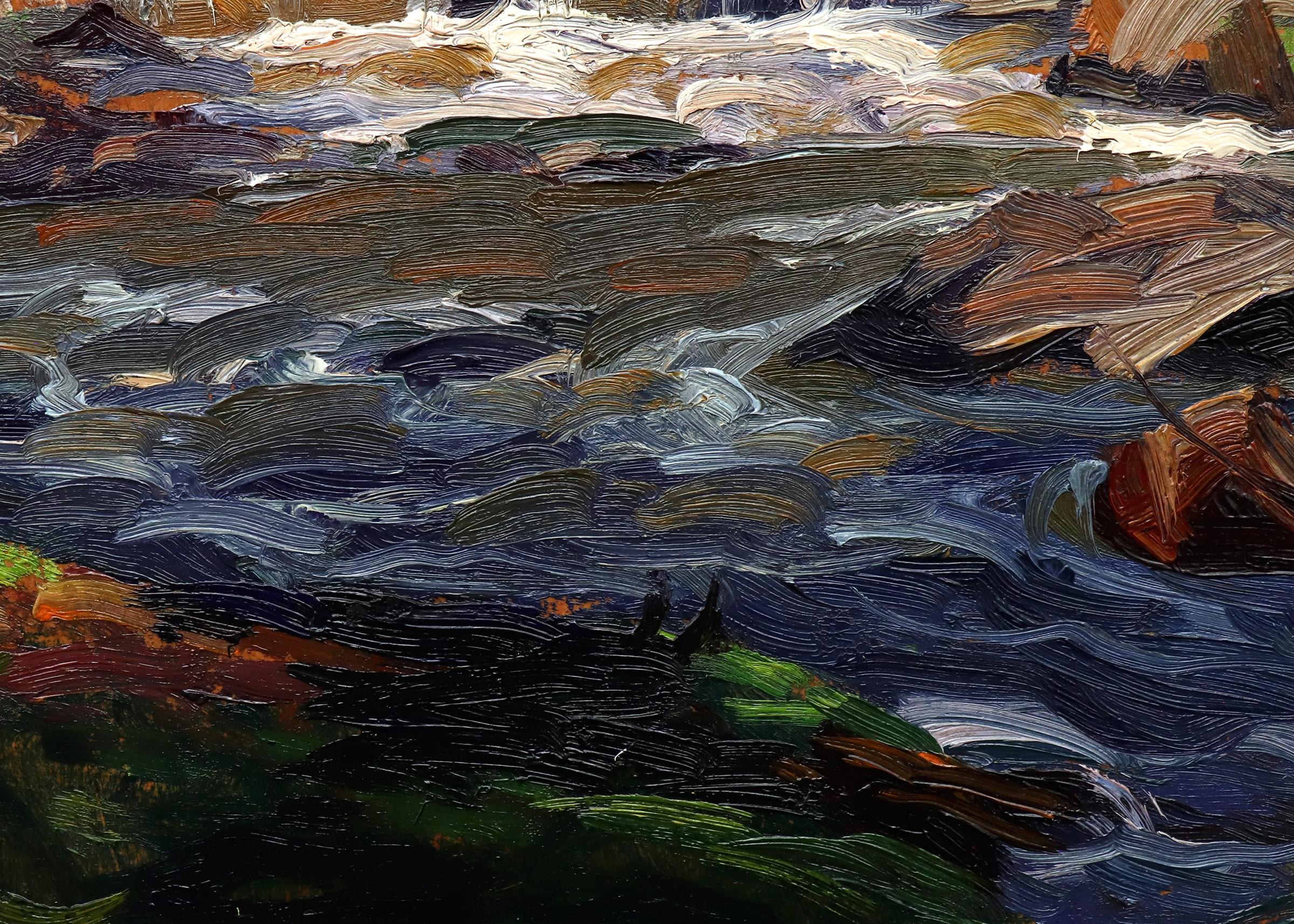 Peinture impressionniste d'un paysage de montagne avec rivière, années 1920-1930, Greene & Greene Brown en vente 2