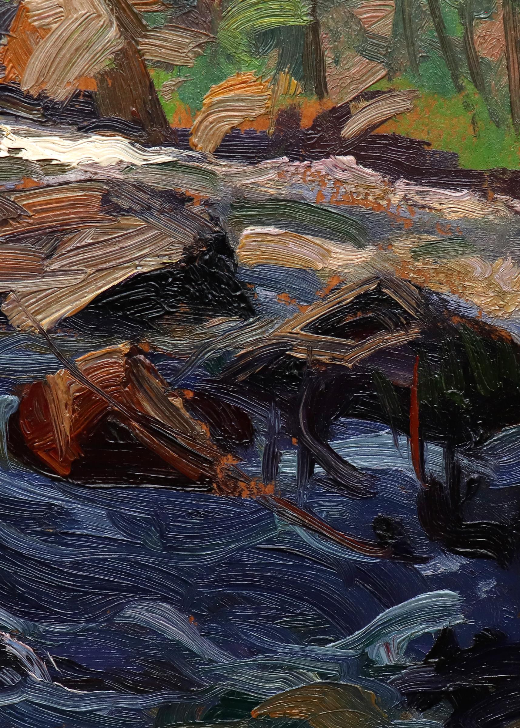 Peinture impressionniste d'un paysage de montagne avec rivière, années 1920-1930, Greene & Greene Brown en vente 3