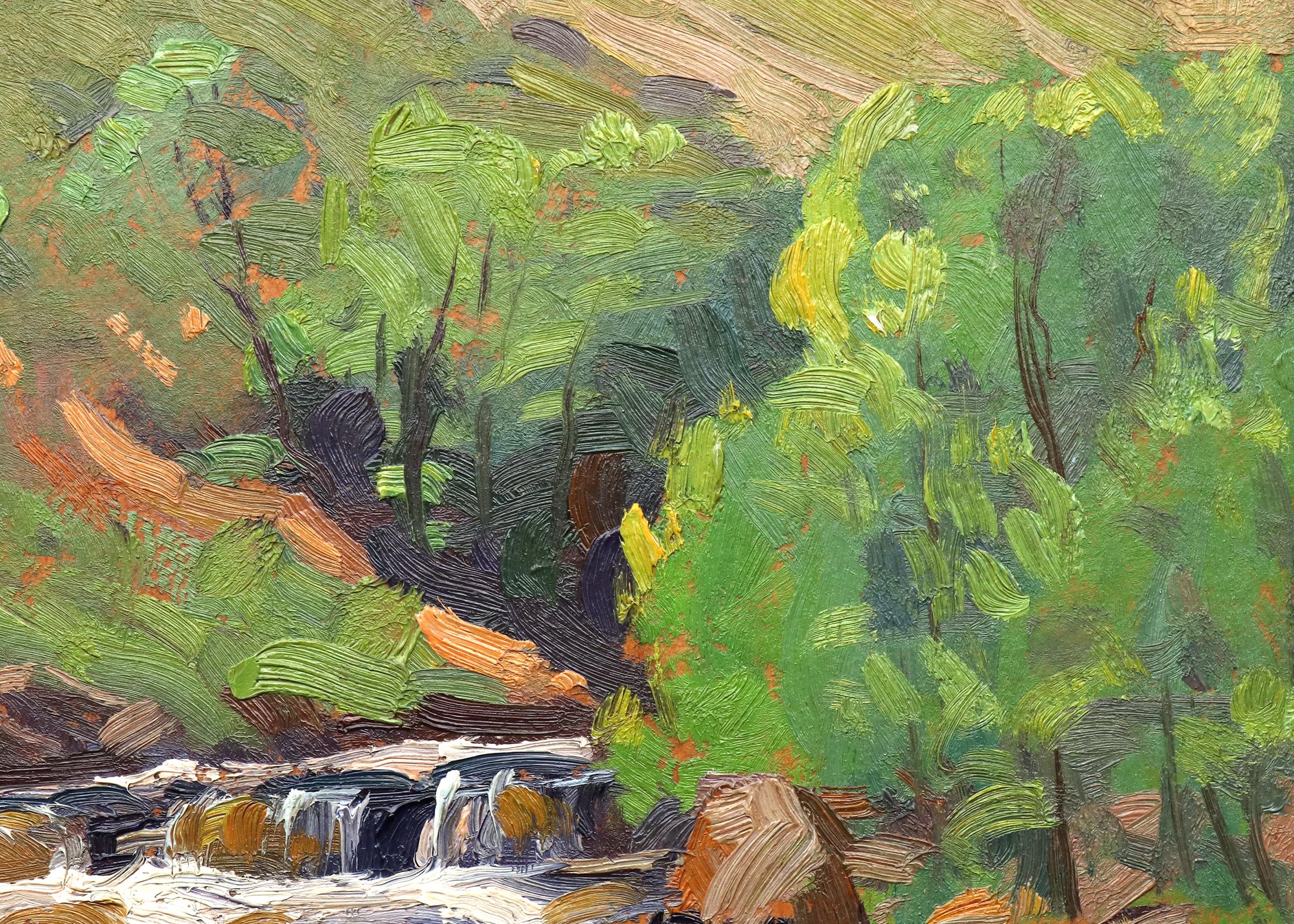 Peinture impressionniste d'un paysage de montagne avec rivière, années 1920-1930, Greene & Greene Brown en vente 4