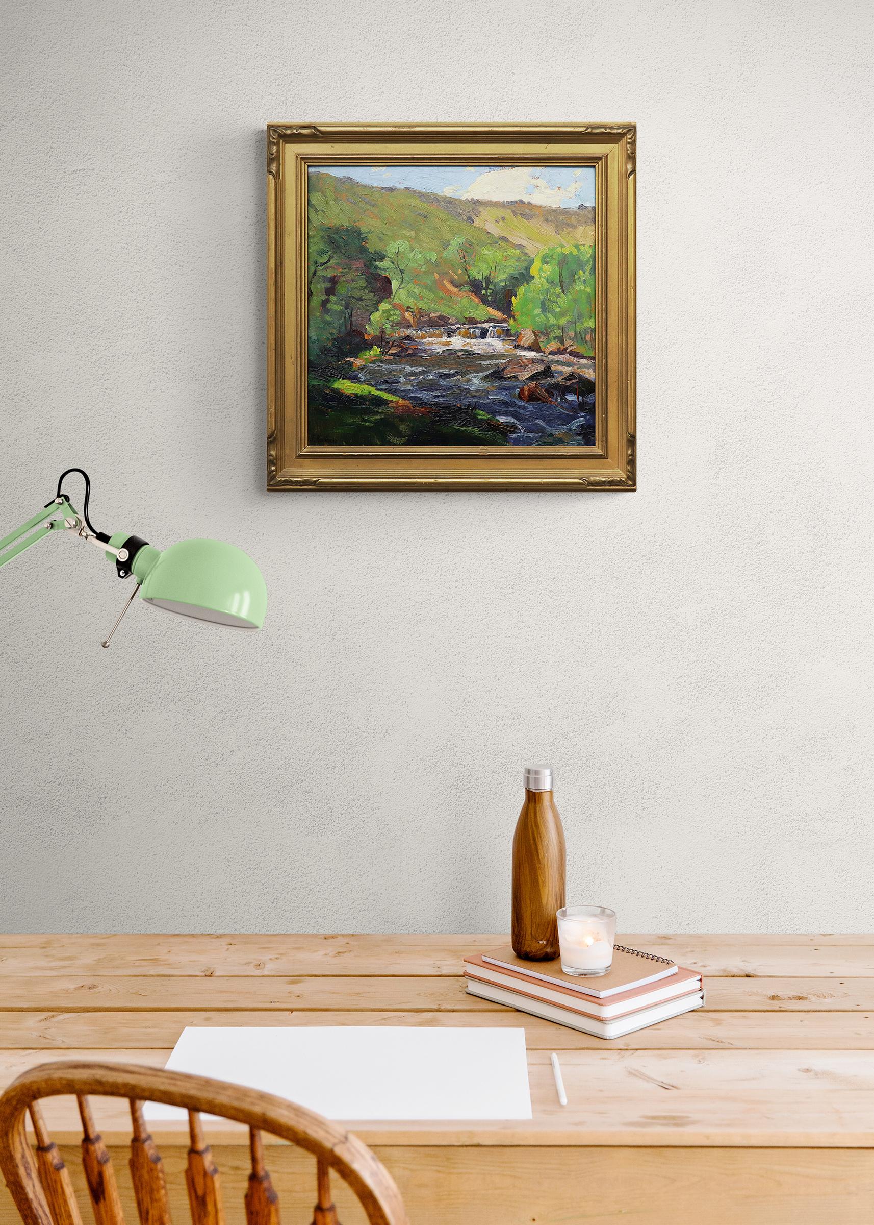 Peinture impressionniste d'un paysage de montagne avec rivière, années 1920-1930, Greene & Greene Brown en vente 5