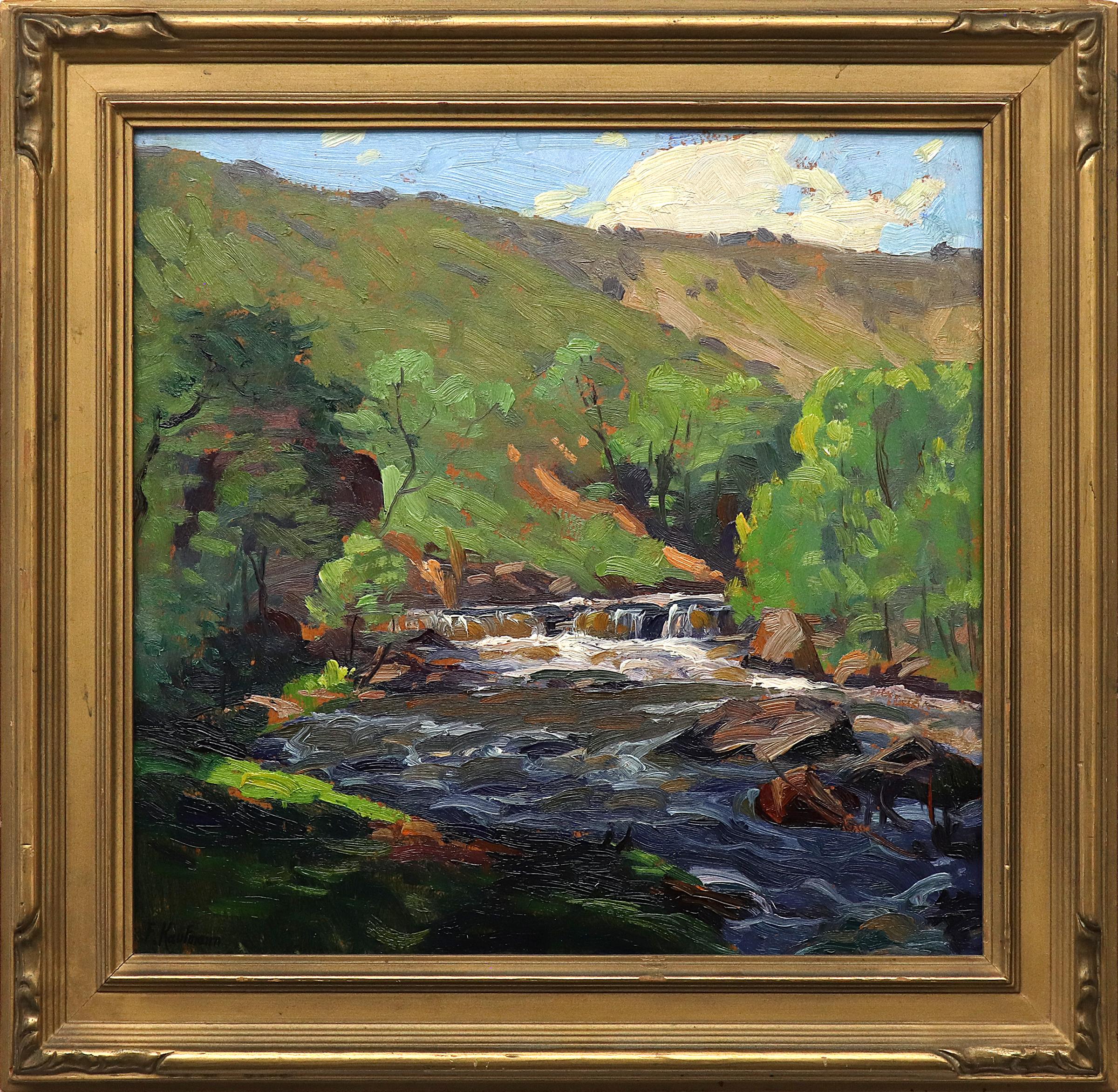 Peinture impressionniste d'un paysage de montagne avec rivière, années 1920-1930, Greene & Greene Brown - Painting de Ferdinand Kaufmann 