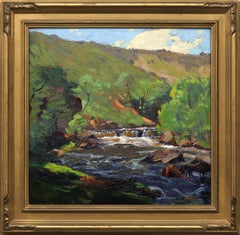 Vintage Impressionist Mountain Landscape Painting with River, 1920s-1930s, Green & Brown
