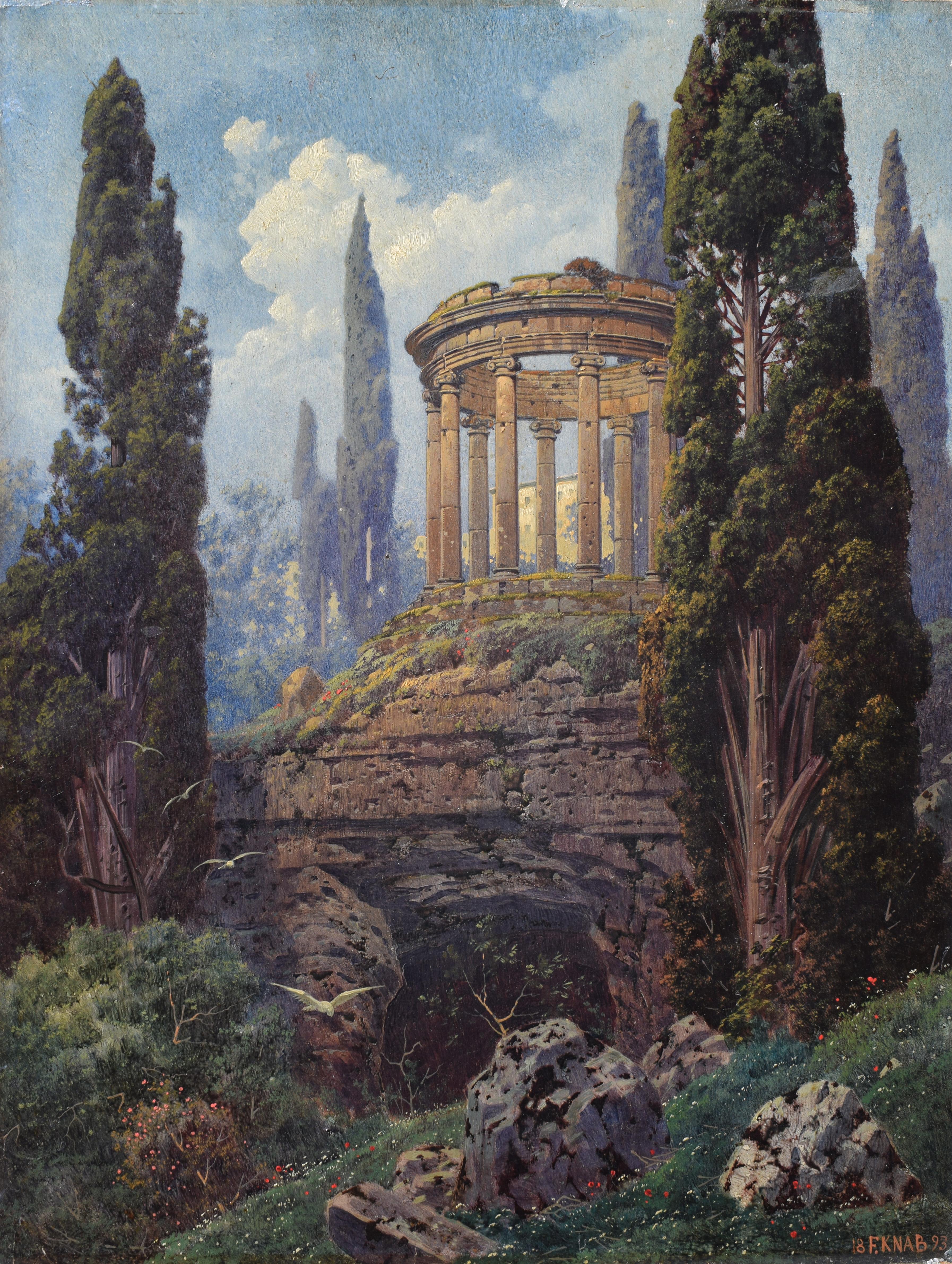 Ferdinand Knab Landscape Painting – Blick auf den Tempel der Vesta im Garten der Villa D'Este in Tivoli 