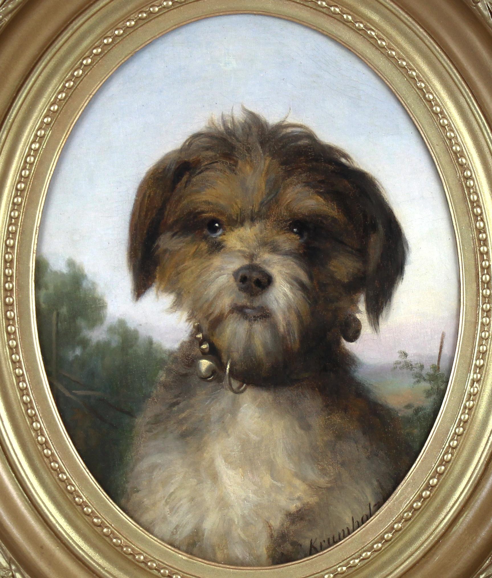 Ölgemälde auf Leinwand, Porträt eines kleinen Hundes von Ferdinand Krumholz – Painting von Ferdinand KRUMHOLZ (1810-1878)