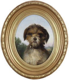 Antique oil on canvas portrait of a little dog by Ferdinand Krumholz