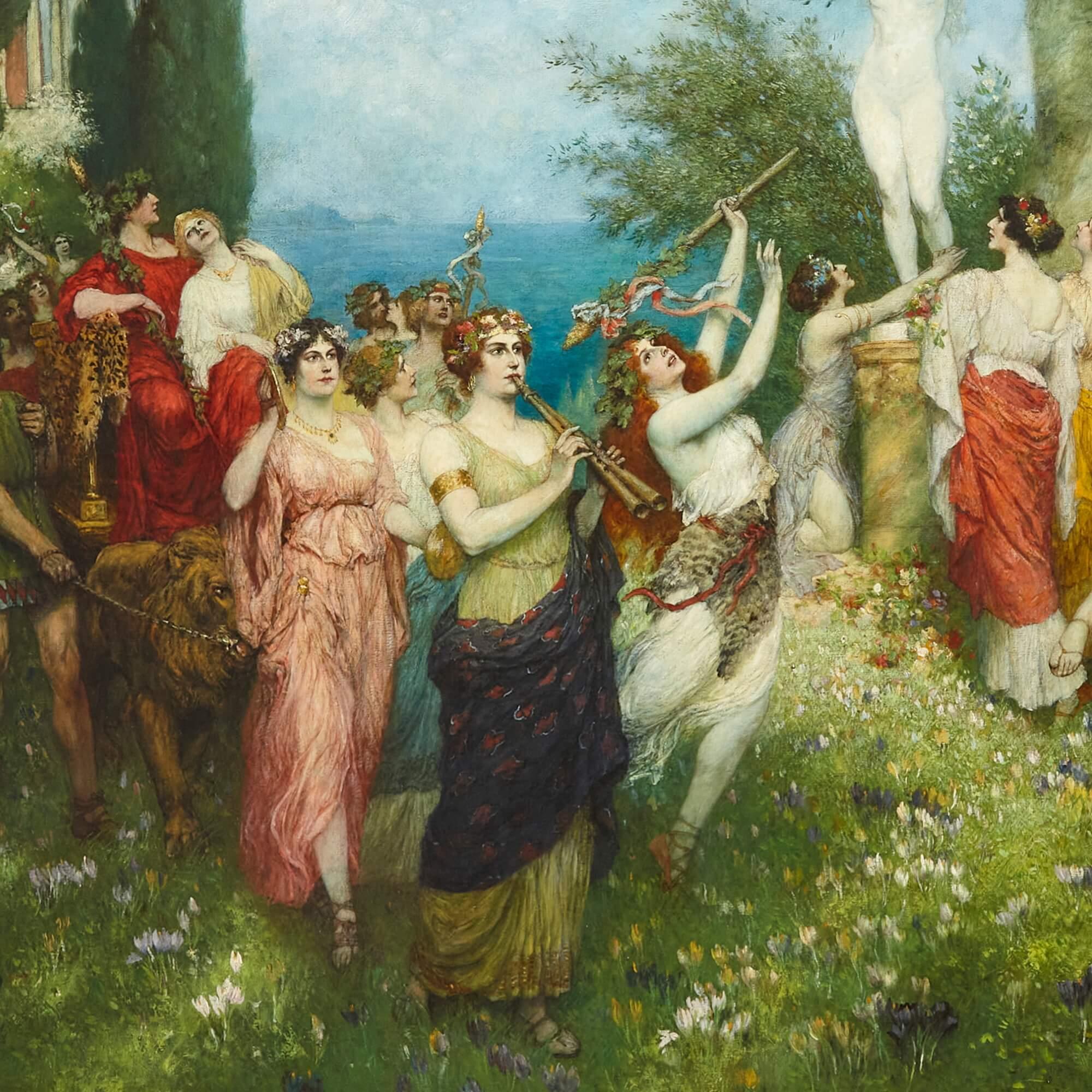 The Triumph of Bacchus, a large oil painting by Ferdinand Leeke
Oil-on-canvas, German, 1918
Frame: height 175cm, width 227cm, depth 10cm
Canvas: height 148cm, width 200cm, depth 3cm

This exceptional painting, large in scale, depicts a popular and