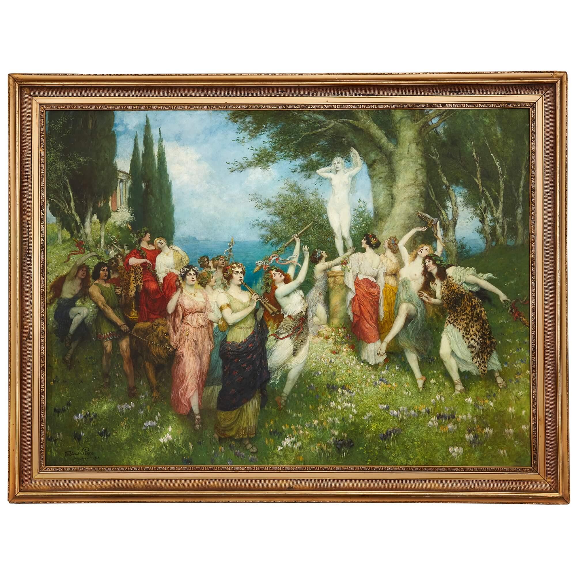 Le triomphe de Bacchus, une grande peinture à l'huile de Ferdinand Leeke
Huile sur toile, allemand, 1918
Cadre : hauteur 175cm, largeur 227cm, profondeur 10cm
Toile : hauteur 148 cm, largeur 200 cm, profondeur 3 cm

Cette peinture exceptionnelle, de